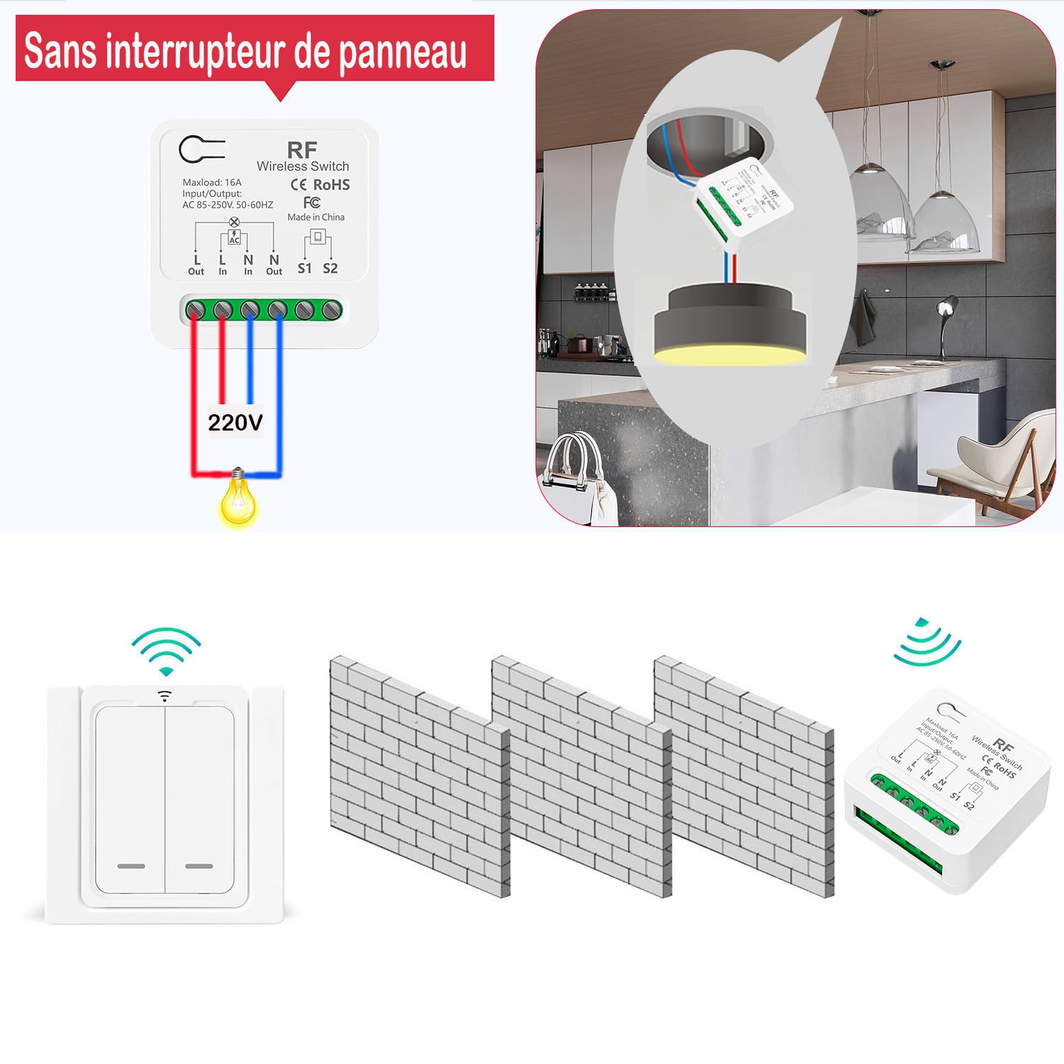 Kit Interrupteurs Sans Fil, Fonctionne Avec Un Interrupteur Mural, Portée De Contrôle Jusqu'à 100 M Pour Lampes D'intérieur Ampoules LED, Récepteur Relais AC220 V 2000 W(1 À 2)