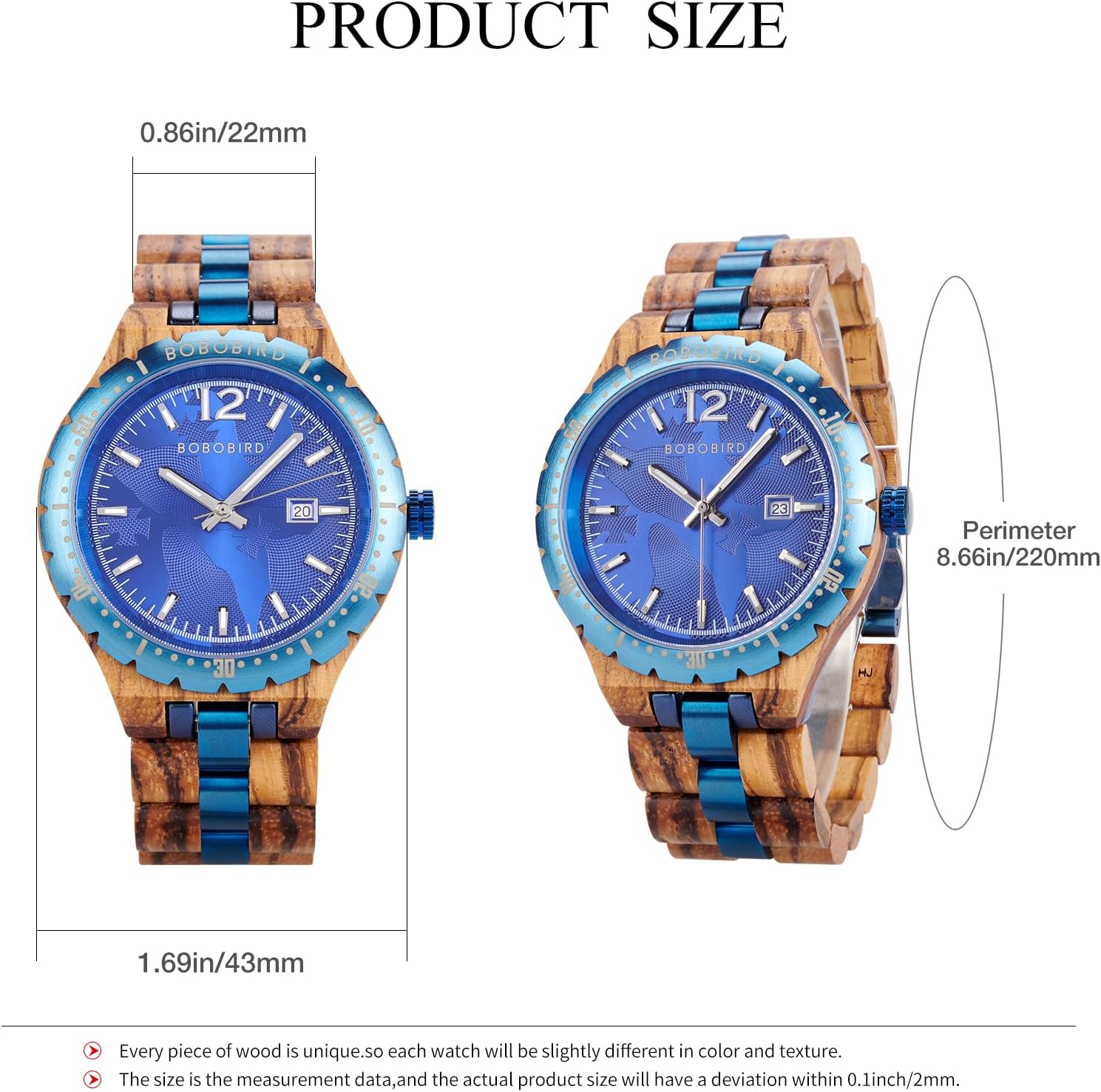 BOBO BIRD Men’s Wooden Watch 1.69in (43mm) Case, Japanese Quartz Movement, Rose Red, Blue & Black Dial Options – Natural Zebra & Ebony Wood Band, Date Display