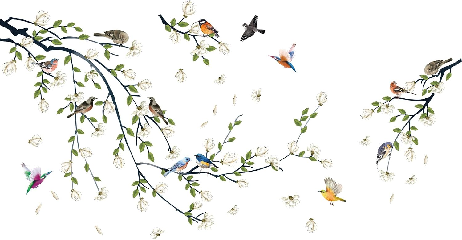 Green Vine Wall Decal White Flowers and Birds on Branch Natural View Wall Sticker DIY Detachable Peel and Stick Wall Art Mural for Living Room Bedroom offcie Home Decor