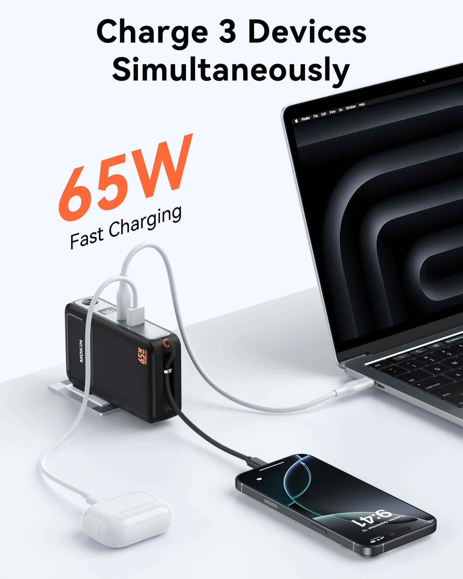 Portable Charger 3 in 1, 10000mAh Power Bank Built in Cable and AC Wall Plug 65W, Phone Battery Pack Fast Charging 35W Max, USB C Travel Chargers for iPhone 16 15 Series, Samsung, MacBook, Laptop