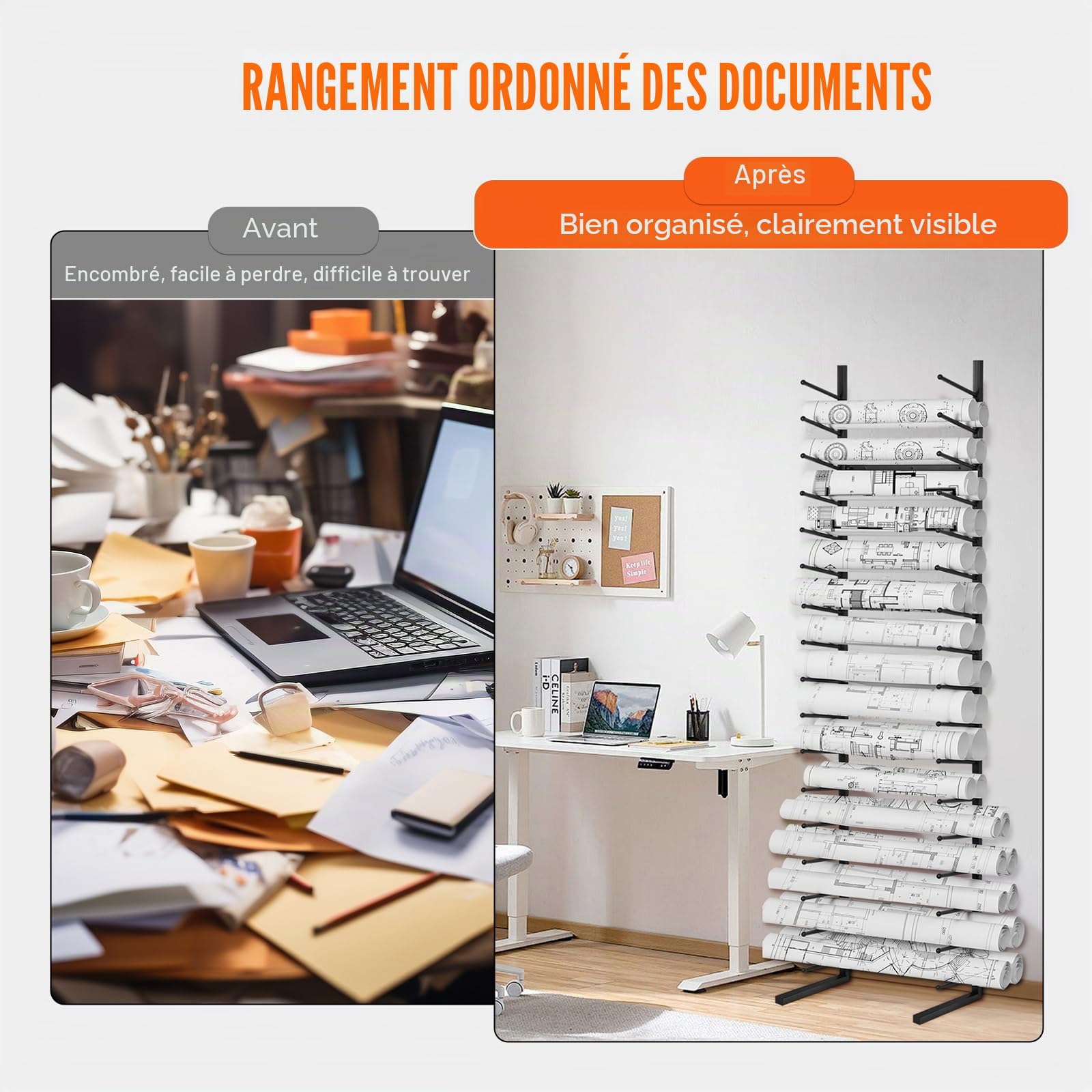 VEVOR Étagère de Rangement pour Plans de Construction Architecturale à 16 Niveaux, Support de Plans Vertical 2 Tiges par Niveau, Meuble de Rangement pour Affiche de Carte, Fichiers en Rouleau, Bureau