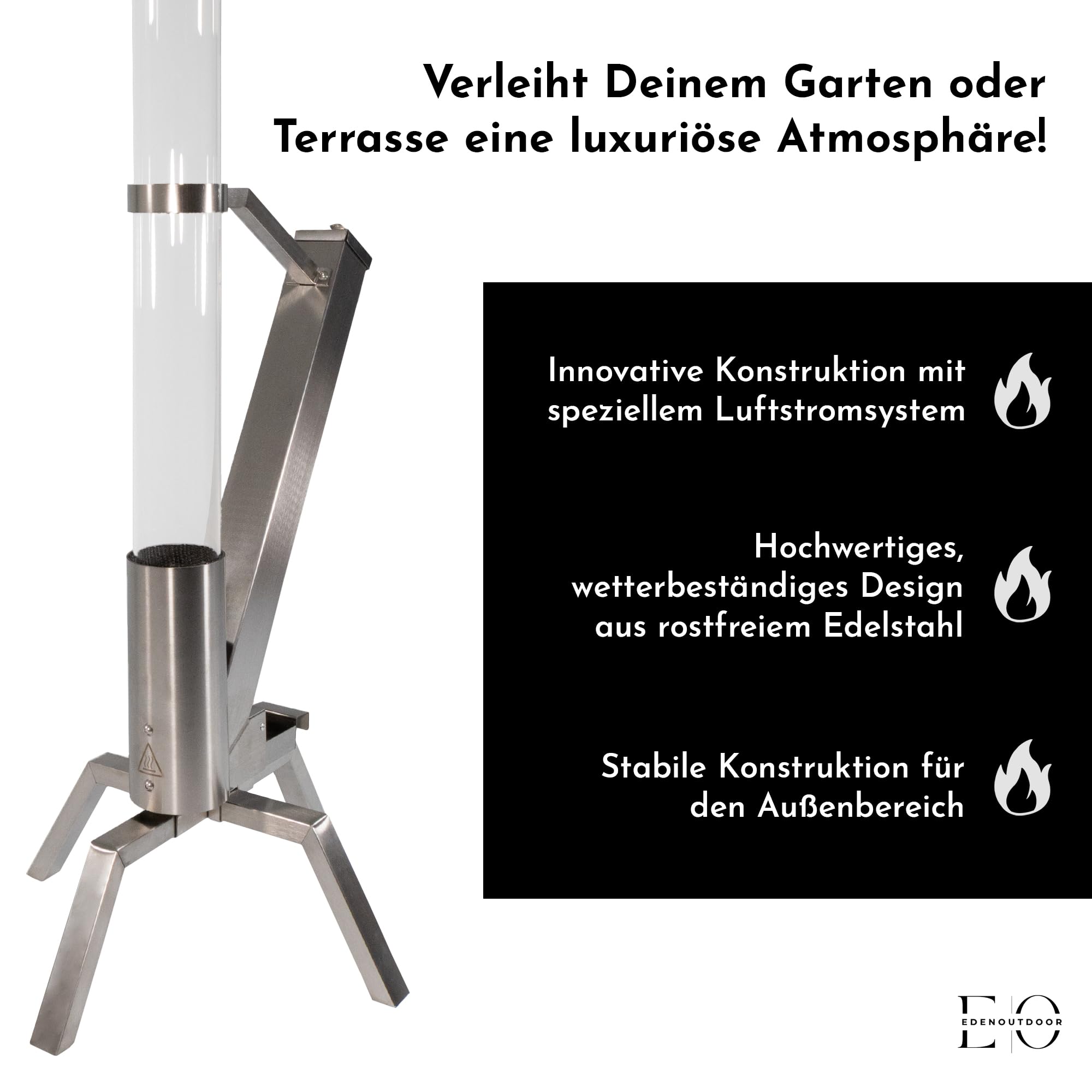 Pelletfackel Edelstahl mit Glasröhre, Feuerrohr Feuersäule mit ca. 75 Minuten Brenndauer, dekoratives Pelletfeuer für Garten & Terrasse, wetterfestes Terrassenfeuer für gemütliche Abende
