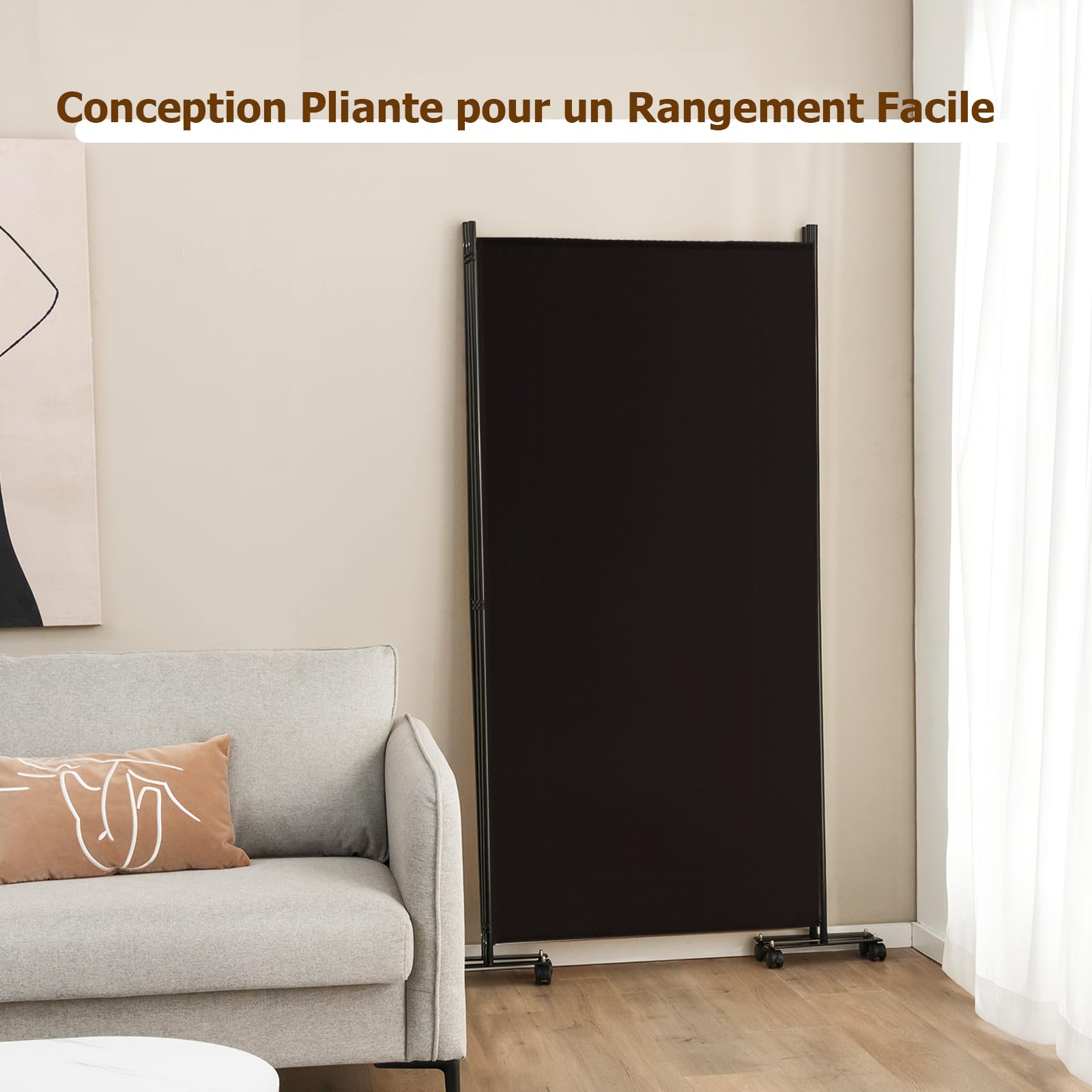 GIANTEX 262 x 180 cm - Paravent de séparation de pièce avec roulettes - en 3 Parties - Autonome - Pliable - Mur Espagnol - en Tissu - Fer - Protection privée pour Chambre à Coucher (Marron)