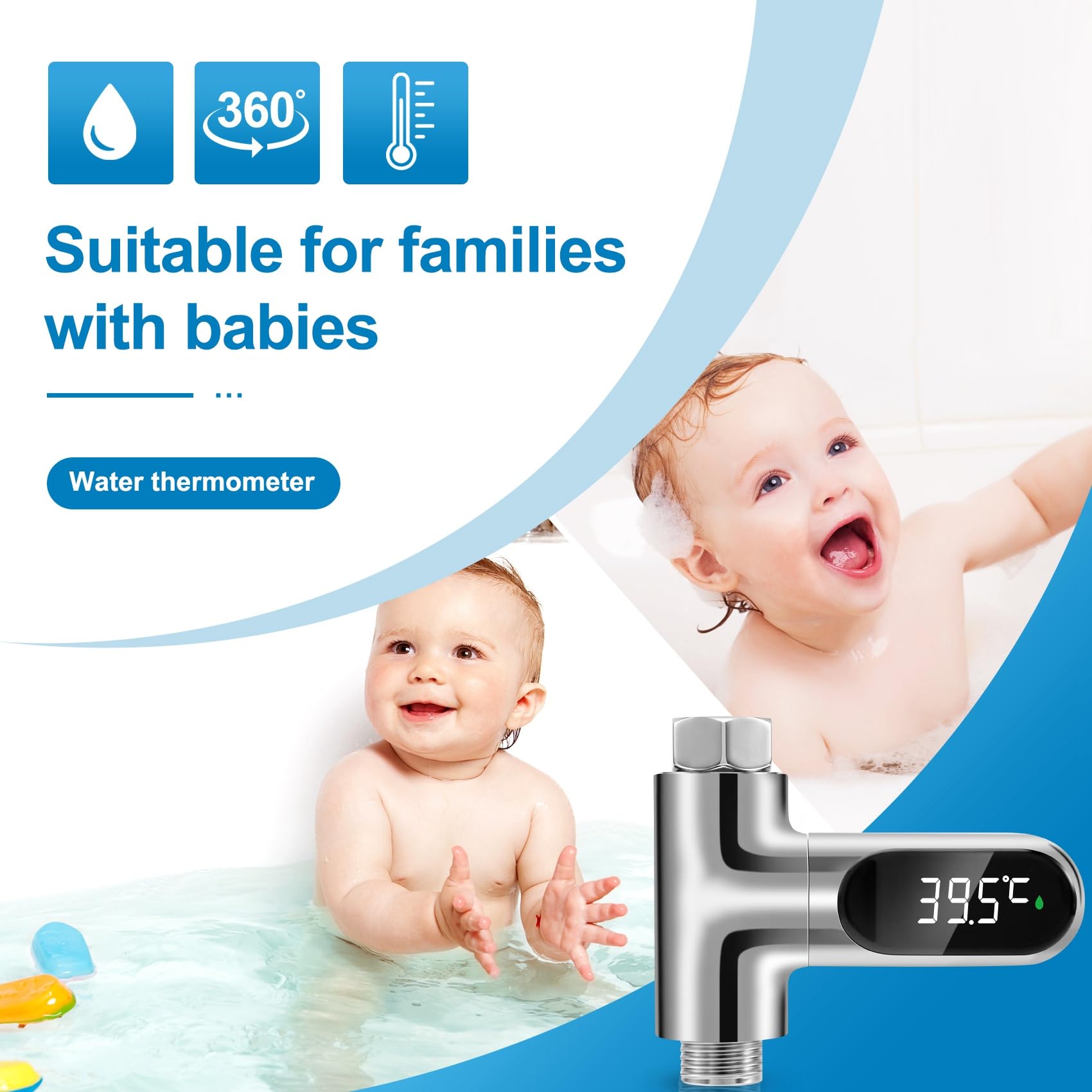 Baby Badethermometer Wasserthermometer, LED-Anzeige Duschthermometer, Wasserdurchfluss Selbstgenerierender Duschtemperaturmesser für die Babypflege