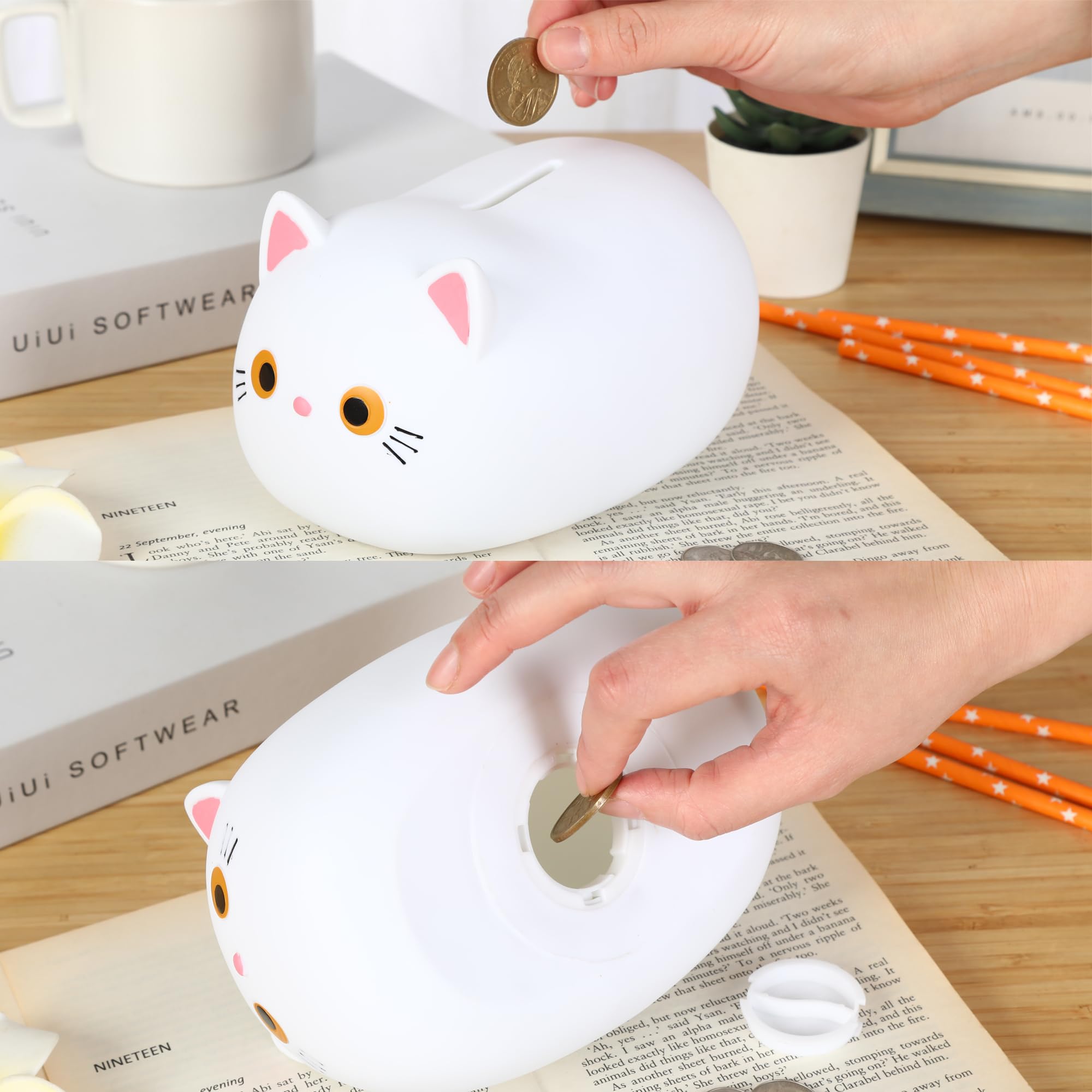 Amazon.co.jp: H&W 女の子用 白猫貯金箱 プラスチックコインバンク 