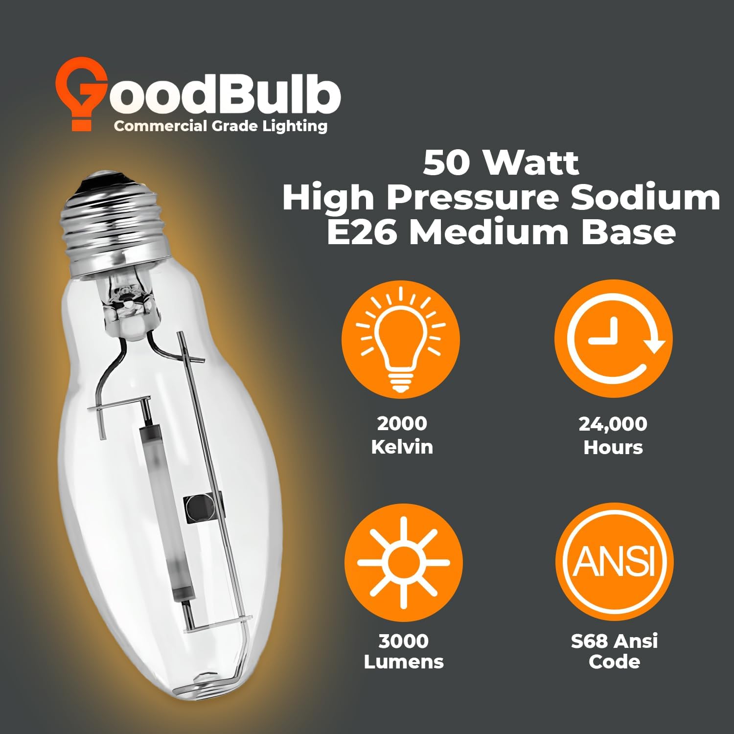 GoodBulb 50-Watt High Pressure Sodium HID Light Bulb E26 Medium Base ED17 ANSI Code S68 High Output HID Light 2000K Warm White Clear Finish 24000 Life Hours (Pack of 2)