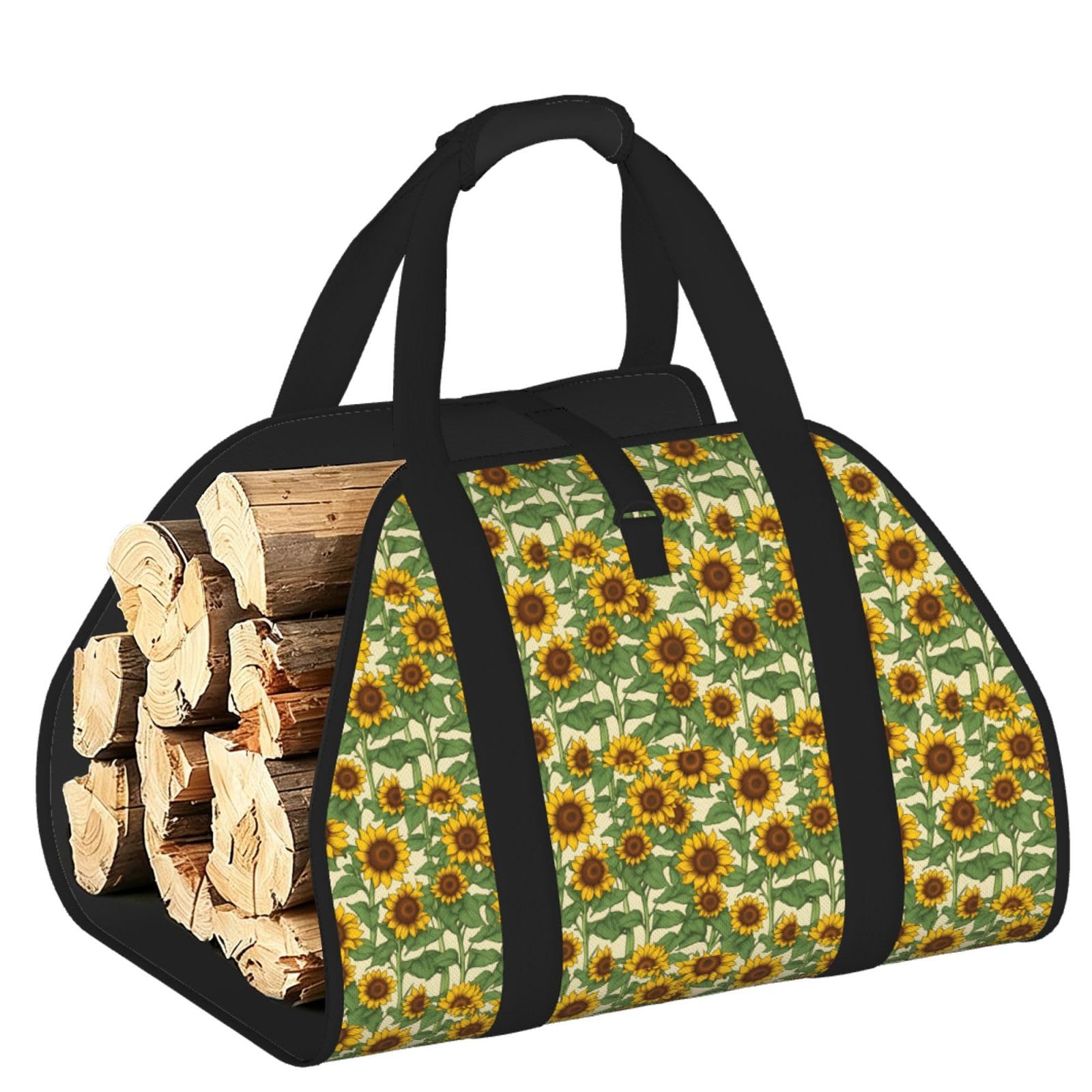 Ayyqwe Black Sunflower Print Firewood Bag Wood Waterproof Versatile Camping Picnic Storage Daily Home