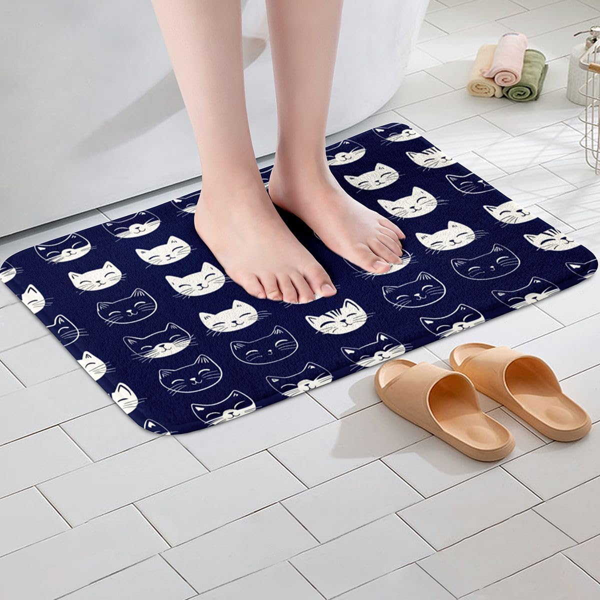 Homewish Cute Cat Bathroom Rugs,Japanese Anime Kitten Non Slip Bath Mat Cartoon Pet Animals Bathroom Indoor Floor Mats,Soft Navy Blue Shaggy Absorbent Bathtub Decor Rug,16"x24" image 4