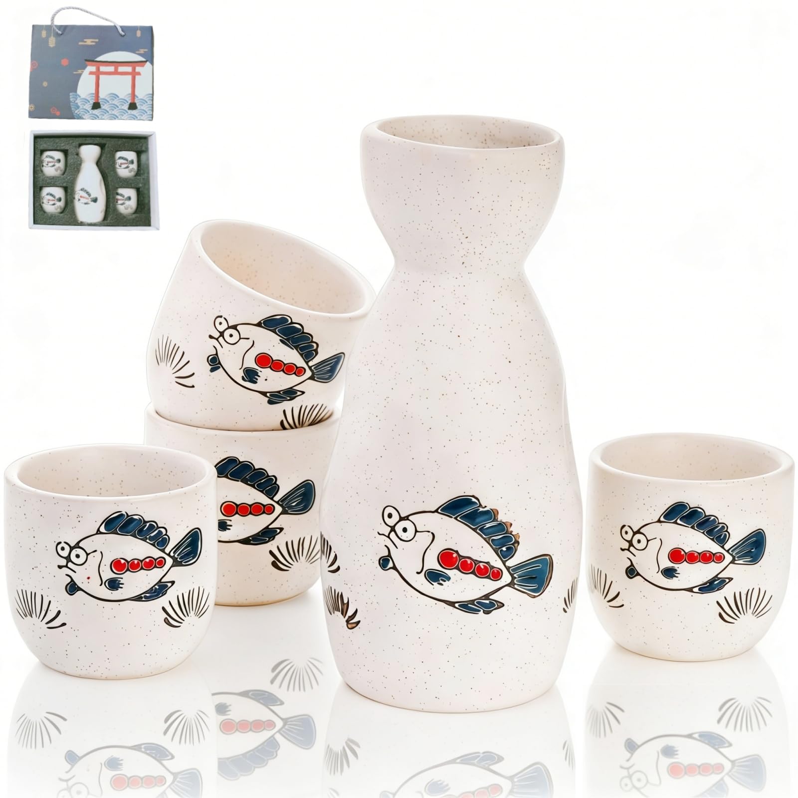 5 Pieces Ceramic Japanese Sake Set, Cute Fish Saki Cup Set, Soju Tea Set with 1 Tokkuri Bottle and 4 Porcelain Sake Ochoko Cups for Home, Gift, Microwave and Dishwasher Safe