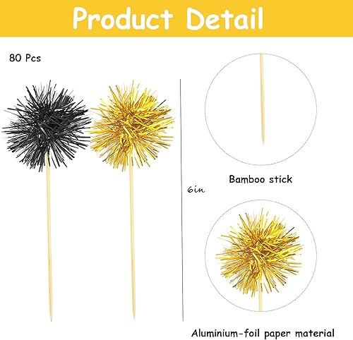 Miniatura 9 de 80 piezas de decoración de magdalenas de fuegos artificiales, decoración de pastel de graduación, palillos de dientes con volantes de aluminio para