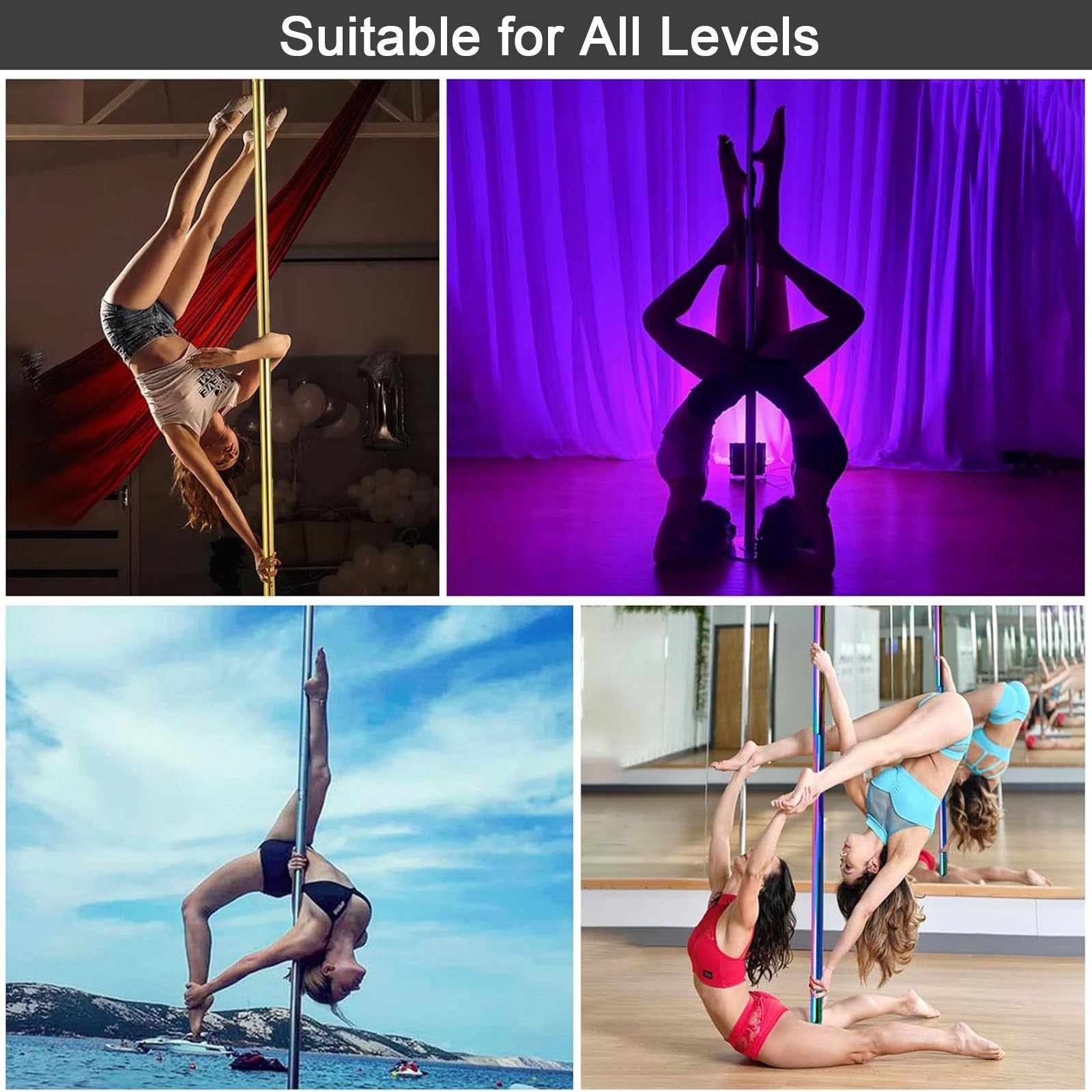 Pole Dance Pole, Palo da Ballo Professionale, Asta da Pole Dance da 45 mm con modalità Statica e Rotante, Regolabile da 2,23 a 2,74 m, Adatta per Palestre, Feste,Colorful