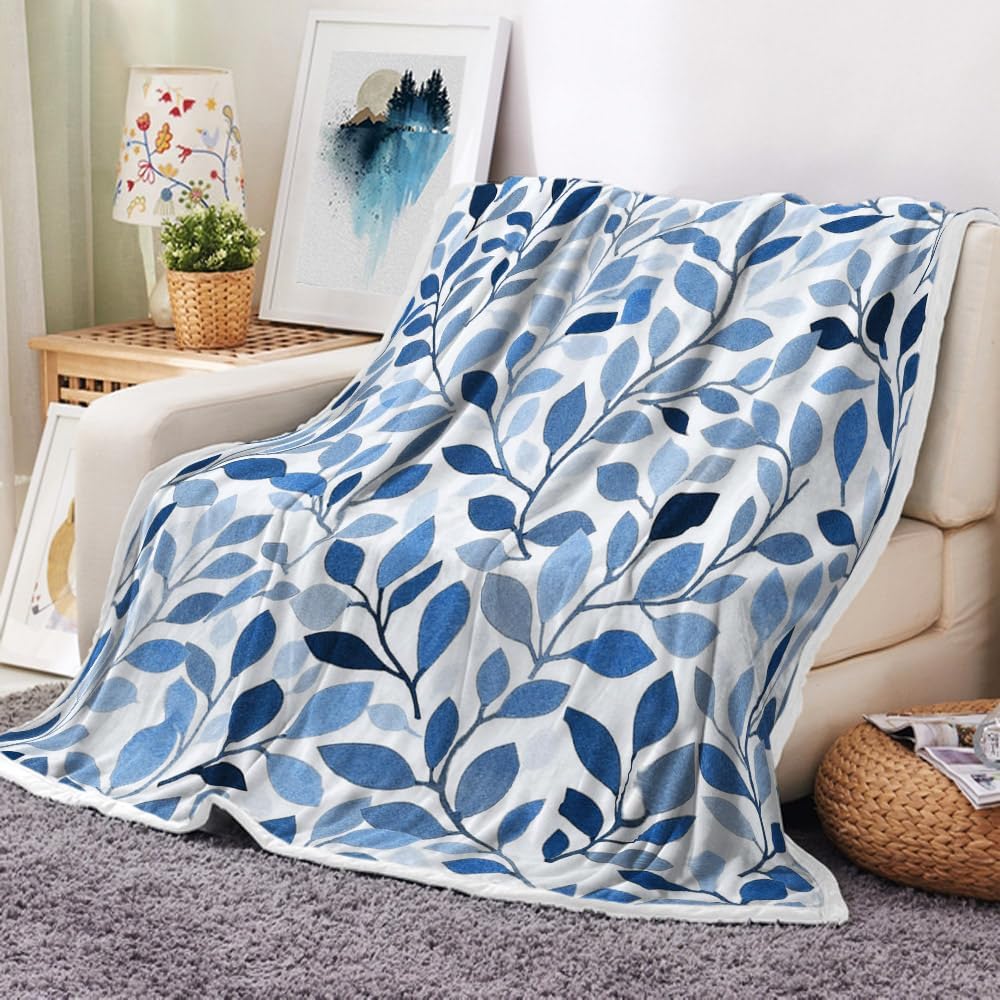 Blue Floral Throw Blanket, Rustic Botanical Flowers Throw Blankets for All Seasons, Blue Leave Greenery Sprigs French Country Spring Floral Printed Soft Fleece Throws for Couch Chair Sofa Home Decor