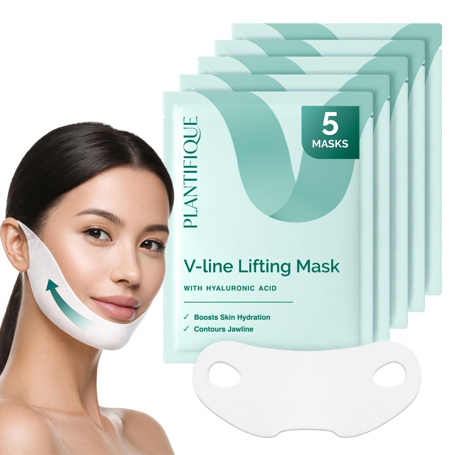 PLANTIFIQUE V-Line Collagen Mask for face 5 PCS | Chin Strap for Women & Men | V Line Lifting Mask with Collagen and Hyaluronic Acid V Shape Face Tape Chin | Skin Firming