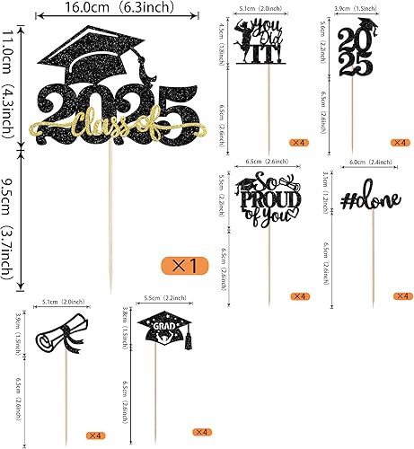 Miniatura 380 de Paquete de 24 adornos dorados para cupcakes de graduación 2025 con purpurina So Proud of You Done Diploma Graduation Cap Cupcake Picks Class of 2025