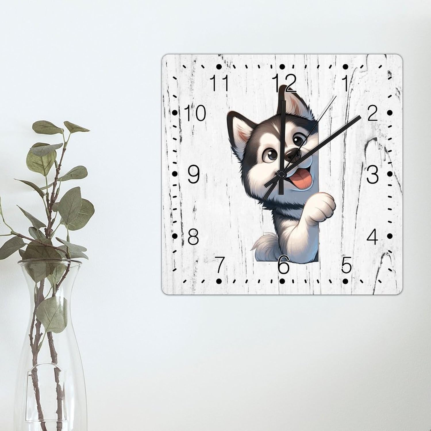 Siberian Husky Wall Clock Siberian Husky Dog Peeking ASquare Corner Decorative Wall Clock New Puppy Dog Square Wooden Clocks Non-Ticking Silent Wall Clock for Home Living Room 15x15in