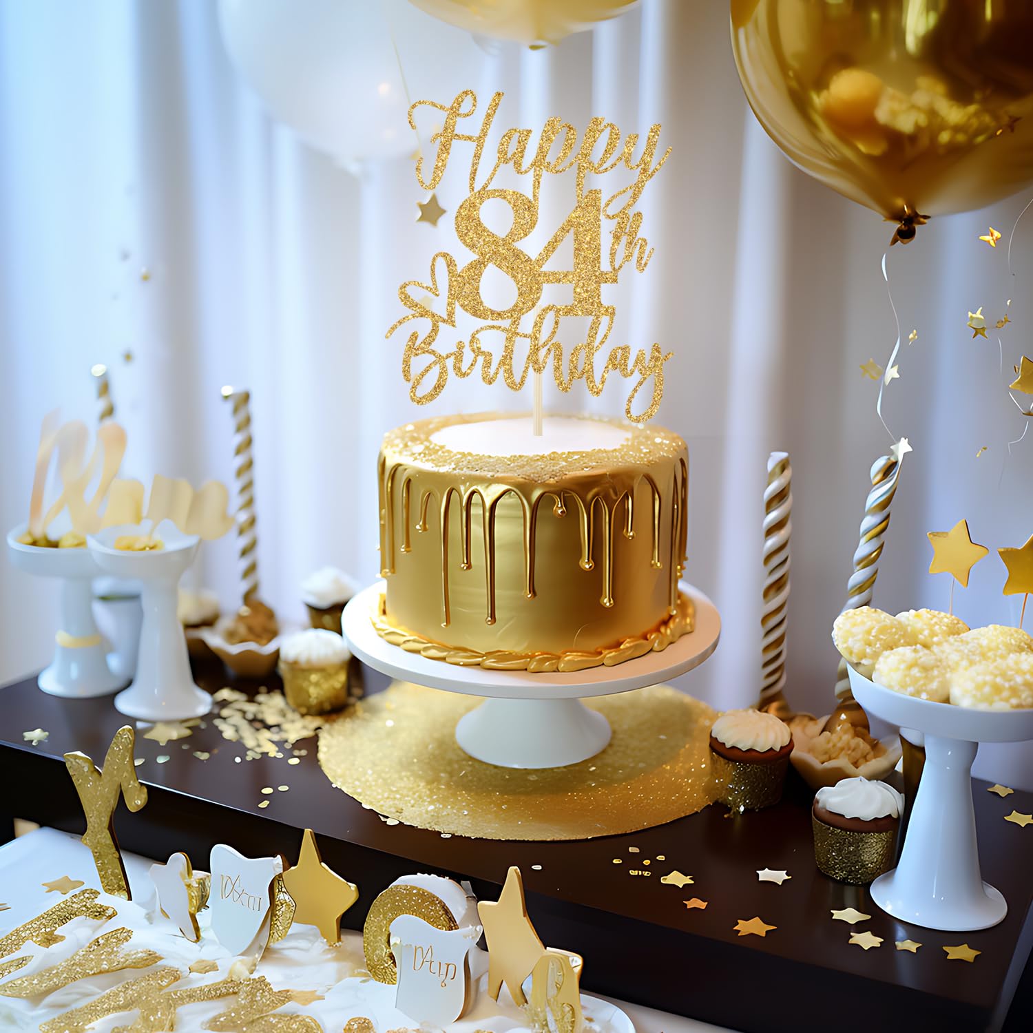 Topper Per Torta Happy 84th Birthday - Decorazione Glitter Oro E Nero Per 84esimo Compleanno - Cartoncino Qualità Premium Già Montato