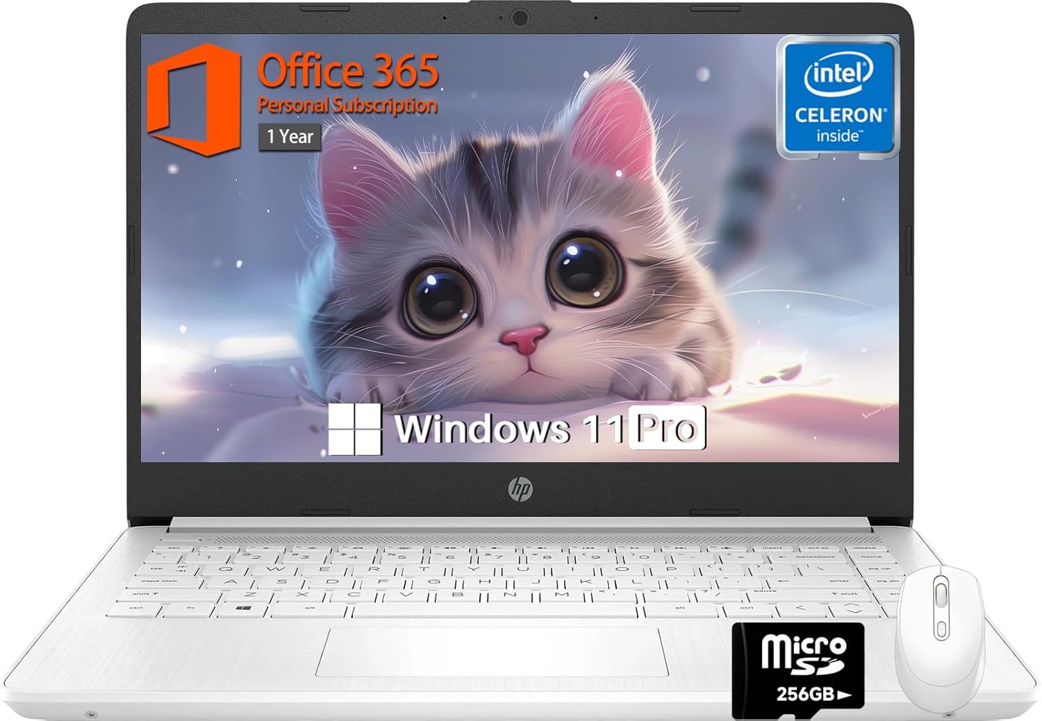 HP 14 inch Laptop Student Business, Intel Celeron N4120, 16 GB RAM, 64 GB eMMC, 1-Year Office 365, Intel UHD Graphics, Ultra Light, Webcam, WiFi, Windows 11 Pro, w/Accessories