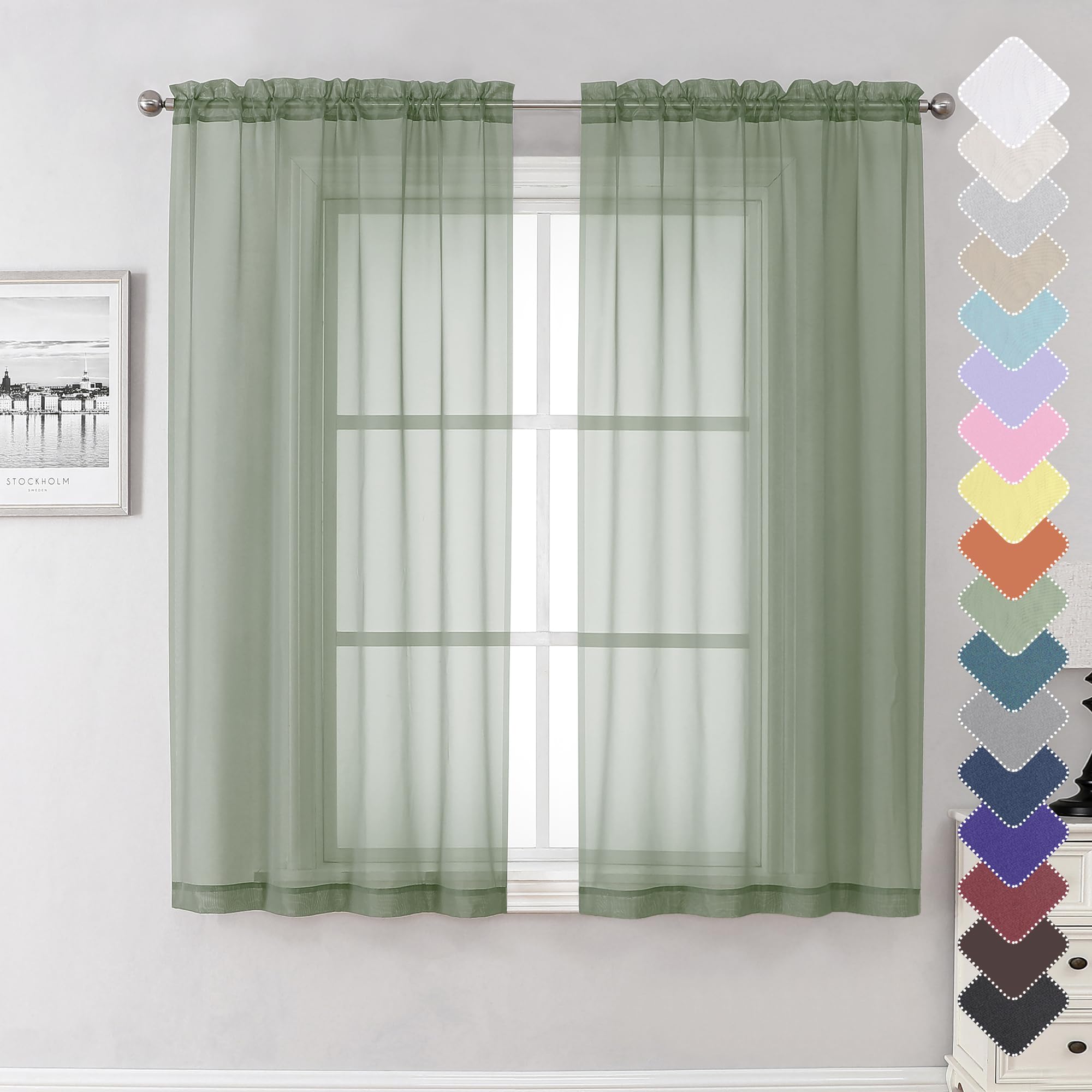 Lecloud Sage Green Sheer Curtains 63 Inch Long 2 Panels, Elegant Voile Drapes For Dinning Small Windows, Light Filtering Voile Curtain For Living Room Bedroom Bathroom, Dual Rod Pocket, 40" Wx63 L