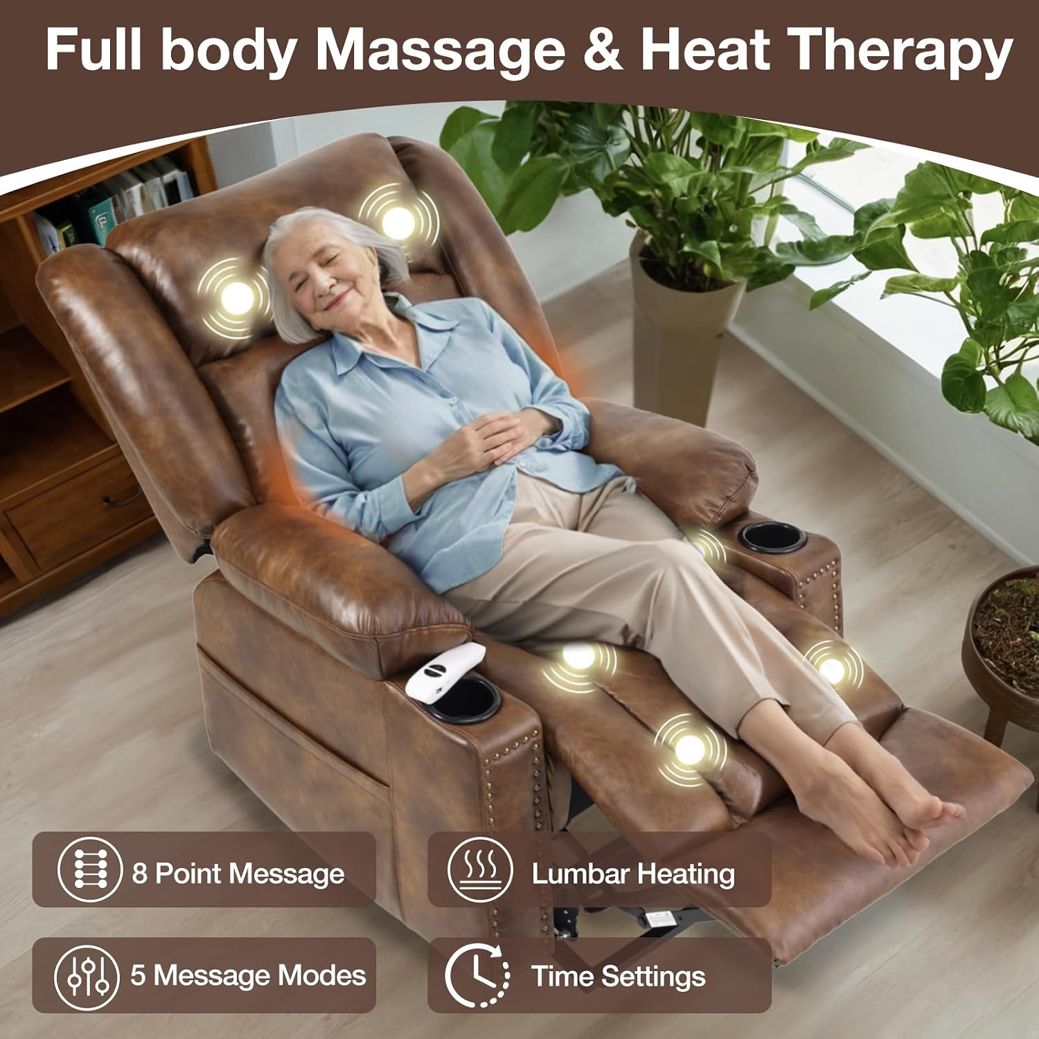 Large Power Lift Recliner Chair for Elderly with Heat and Massage, Lift Chairs for Seniors, 3 Positions, Breathable Leather, USB Ports, Cup Holder,Side Pocket, Light Brown