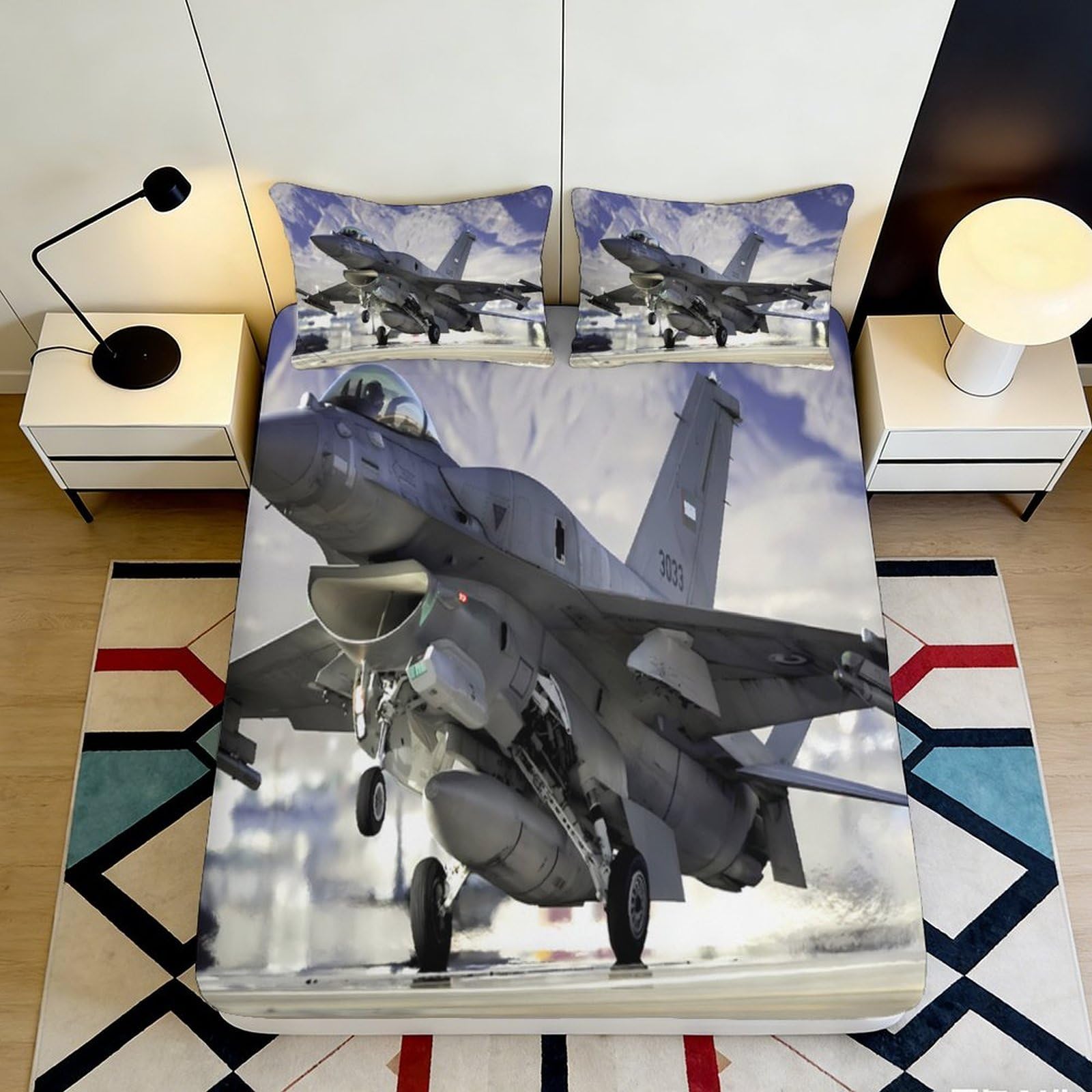3D Printed Fighter Jet Fitted Sheet Microfiber Durable 3D Printed Military Aircraft Bed Cover for Bedroom Dorm Dormitory Mattress Protection 90x200x25cm