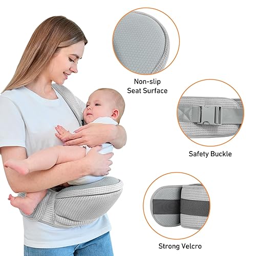 Miniatura 3 de IULONEE Asiento de cadera portabebés Mochila para niños pequeños con múltiples bolsillos desmontable para bebés, cómodo portabebés ergonómico para
