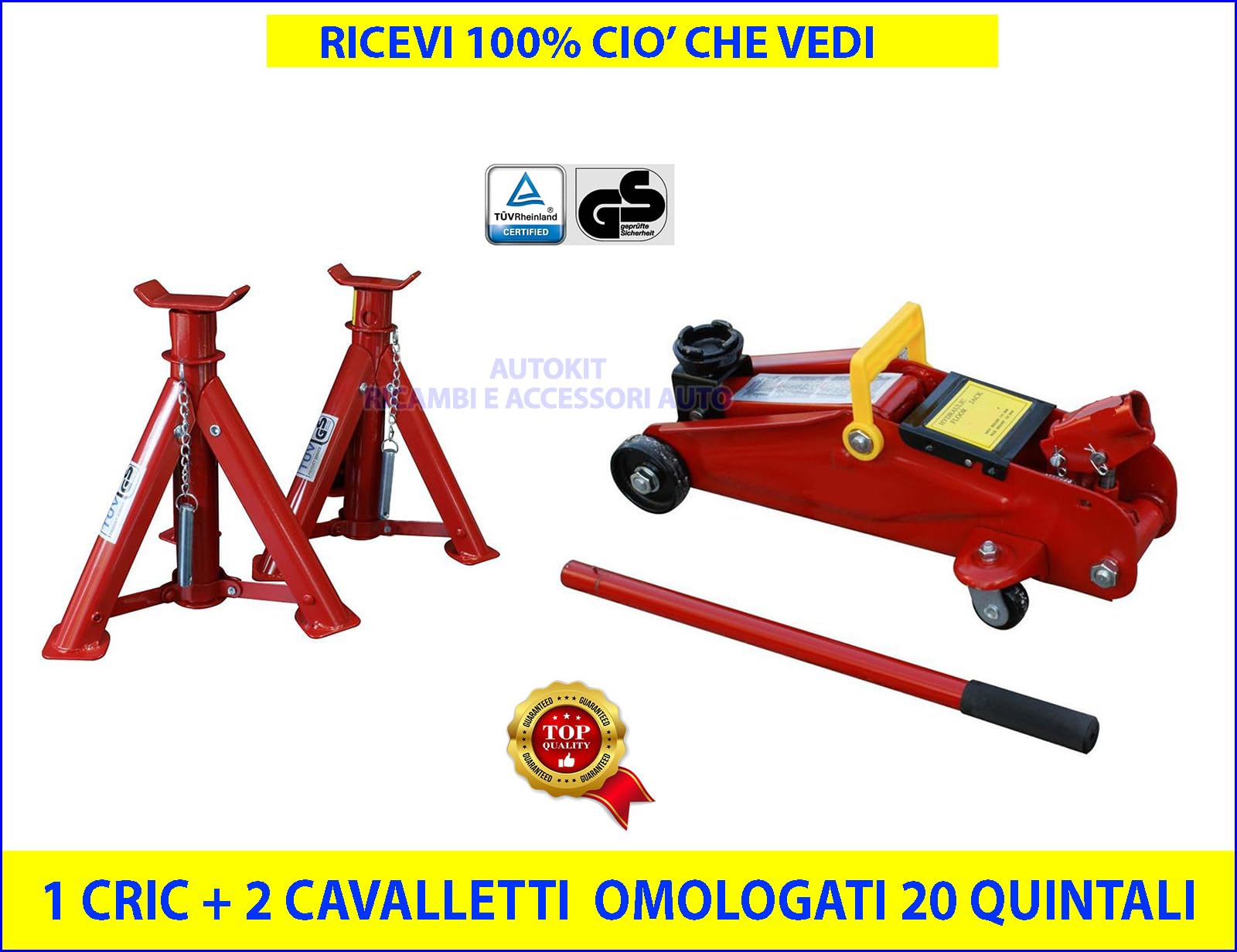 Cric Idraulico a Carrello con 2 Cvalletti Sollevatore Auto Professionale Crick Martinetto OMOLOGATI 20 QUINTALI 2000 KG. - EF019 - EF030