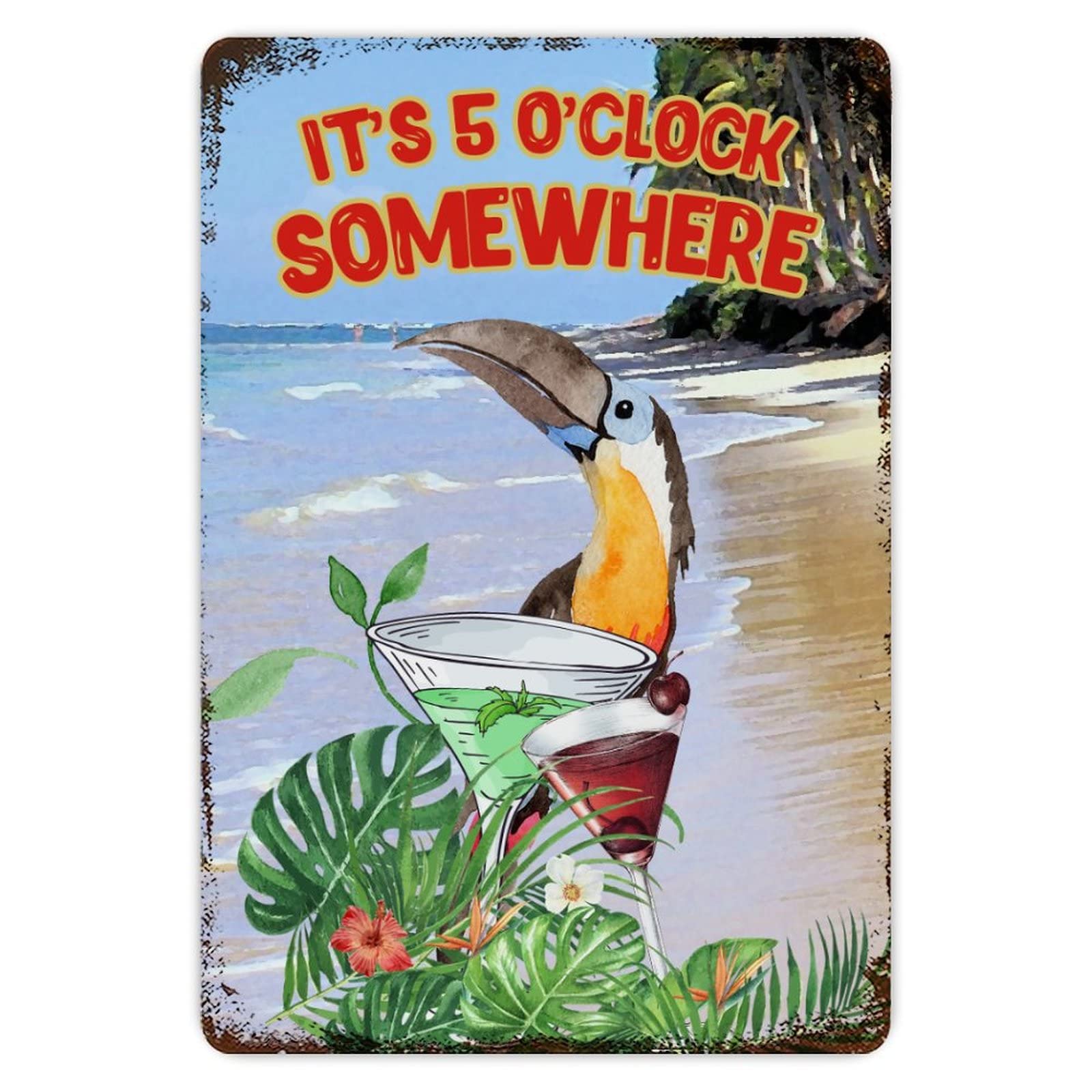 ENEDNATE Tiki Bar Sign It's Five O'clock Somewhere Parrot Metal Tin Sign 8x12 inch Outdoor Happy Hour Pool Beach Hot Tub Rum Time