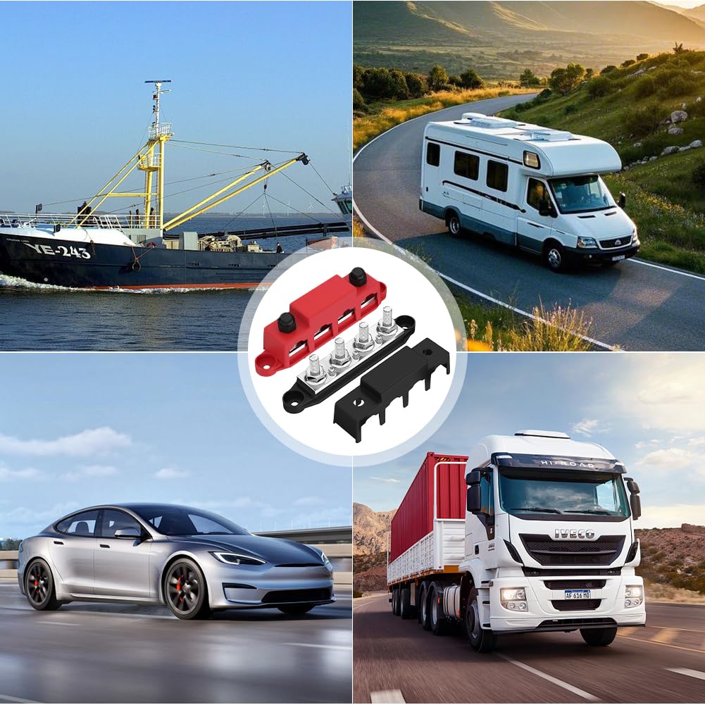2 Stück 12V-48V DC Sammelschienen Verteilerblock mit 4 x M8 Klemmenbolzen, 250A BusBar Box für Auto Marine Auto Anhänger Wohnmobil Boot (Schwarz Rot)