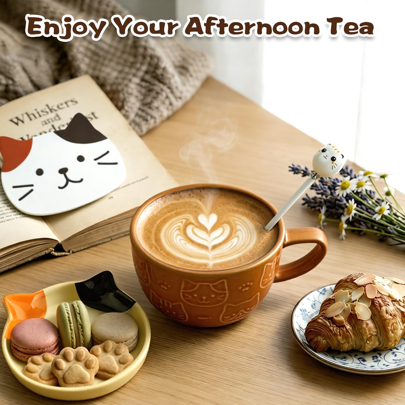 Regalo Donna Gatto, Set Tazza Gatto Divertente, Tazza da Caffè Tè Ceramica Kawaii con Coperchio e Cucchiai, Idee Regalo Donna Personalizzato per Amica Fidanzata Moglie Compleanno Natale