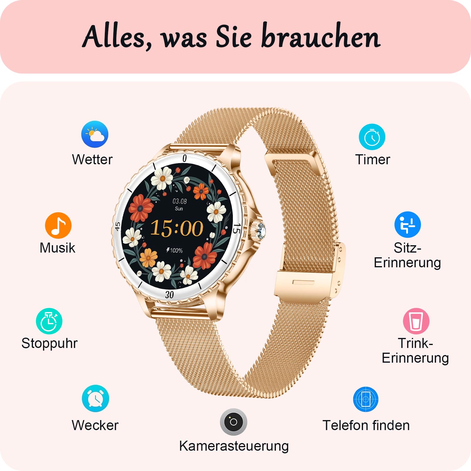 Smartwatch Damen mit Telefonfunktion, 1,27", 2 Armbänder, Rose Gold | 120+ Sportmodi Fitness Tracker, Herzfrequenz/SpO2/Schlaf Monitor Schrittzähler, IP68 Wasserdicht Sportuhr für iOS Android