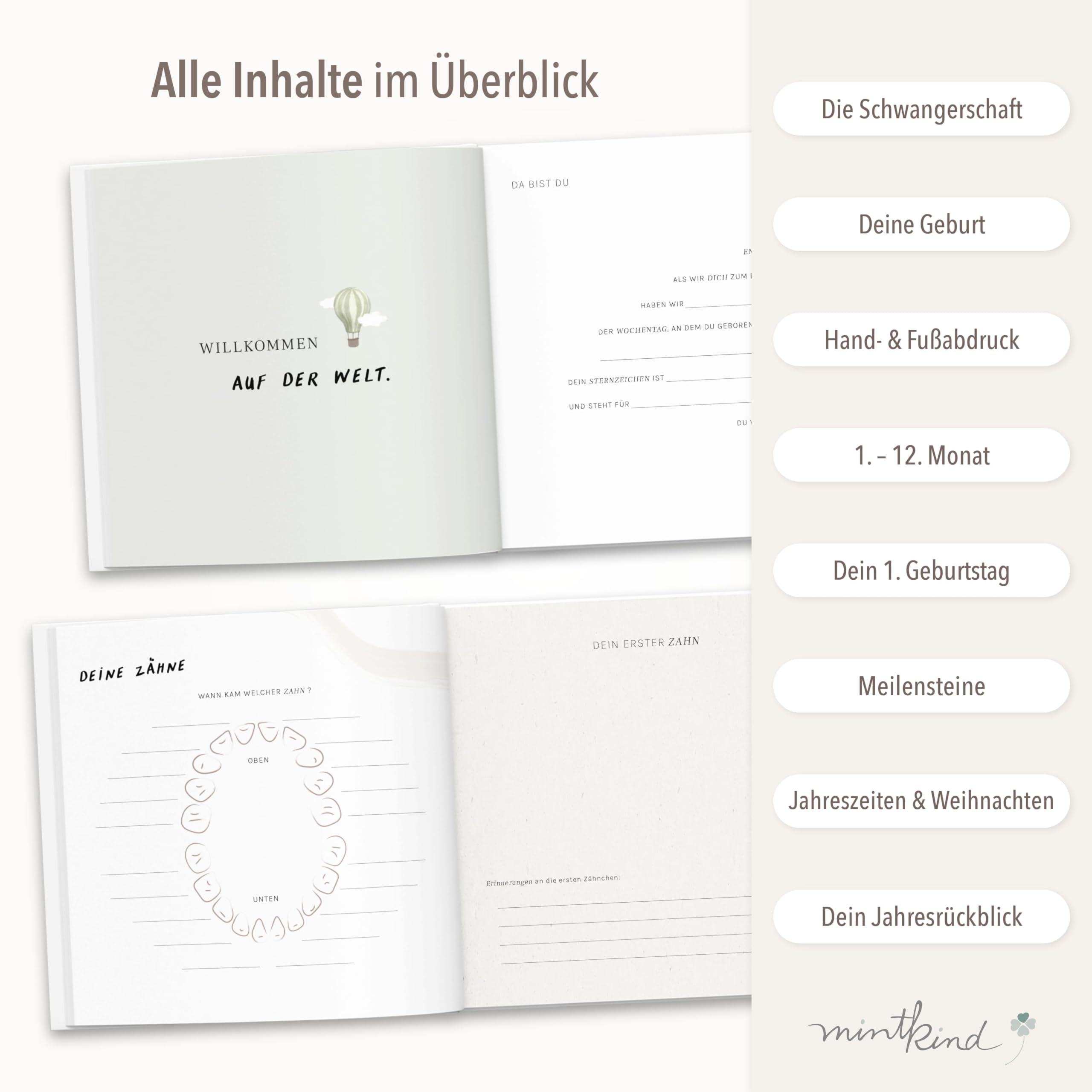 mintkind® Babytagebuch mein erstes Jahr Babyalbum Erinnerungsbuch Baby Coffee Table Edition Leineneinband beige 24x22 cm 132 Seiten Geschenk zur Geburt erstes Lebensjahr mit Platz für Fotos Notizen