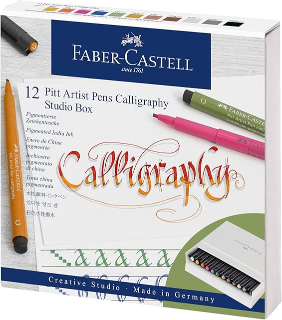 Faber-Castell Pitt Artist Pen Calligraphy Studio Box, Blue,Gold,White,Green,Grey,Pink,Black, 12 Count (Pack of 1)