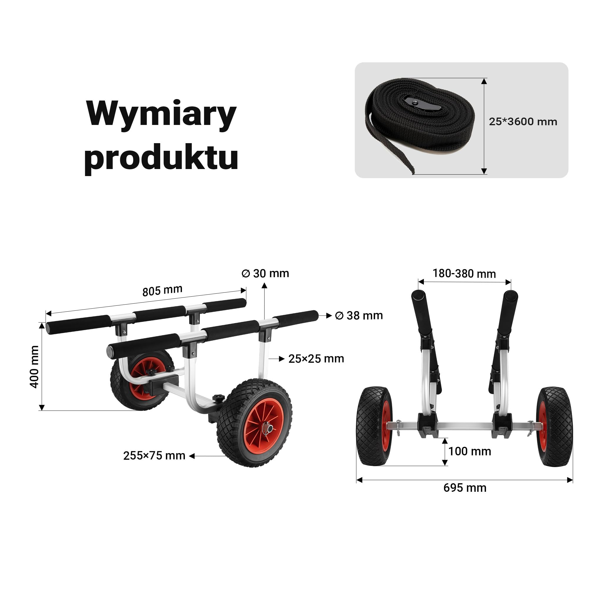 Regulowany aluminiowy wózek kajakowy Wiltec do 90 kg, wózek transportowy do łodzi, kajaków i kanoe, wózek surfingowy z poduszkami, ⌀22 cm koła PU i paski parciane