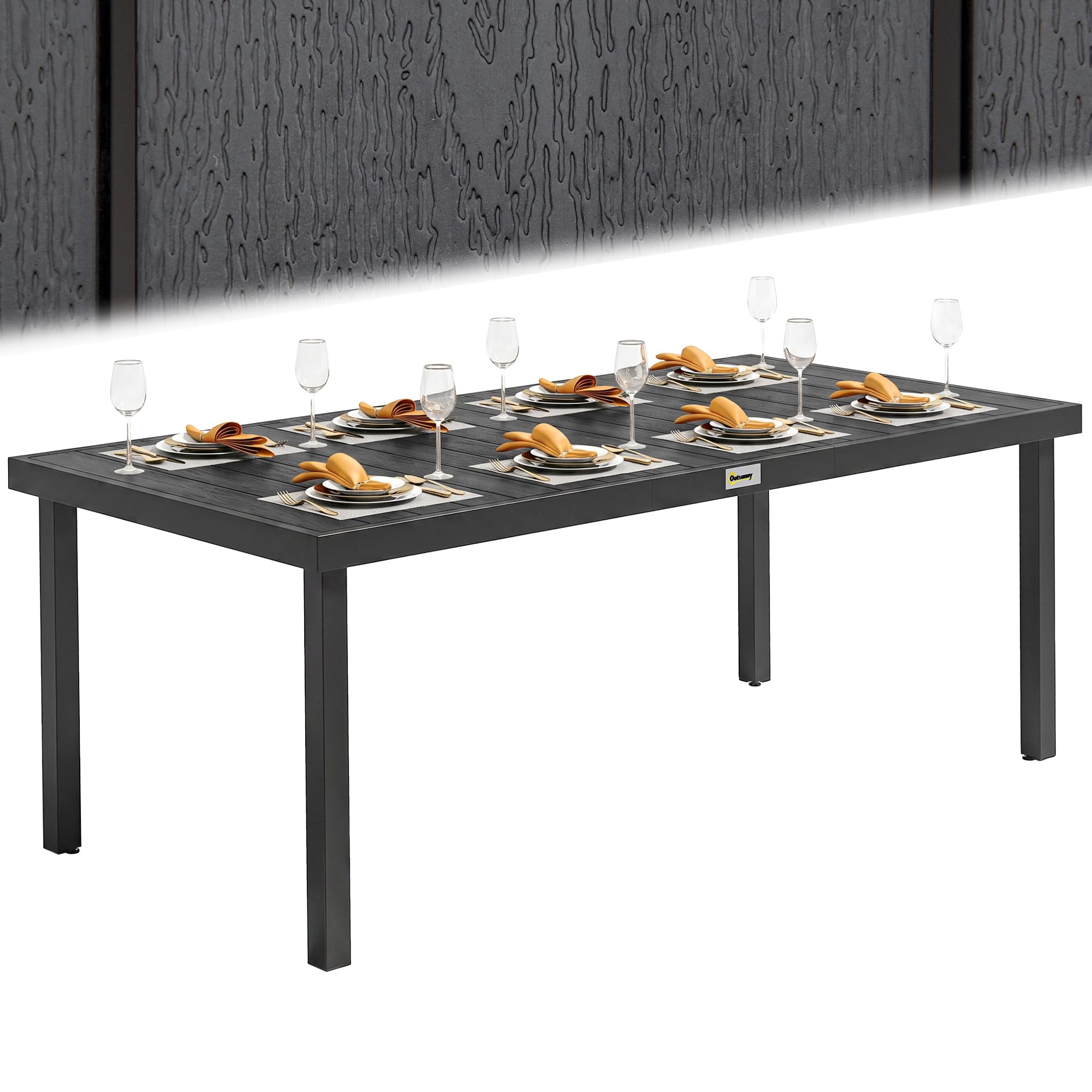 Outsunny Tavolo da Giardino con Piano Effetto Legno 190x90 cm per 8 Persone, Tavola da Pranzo da Esterno Rettangolare in Alluminio e Plastica, Per Patio, Terrazzo, Balcone, Nero