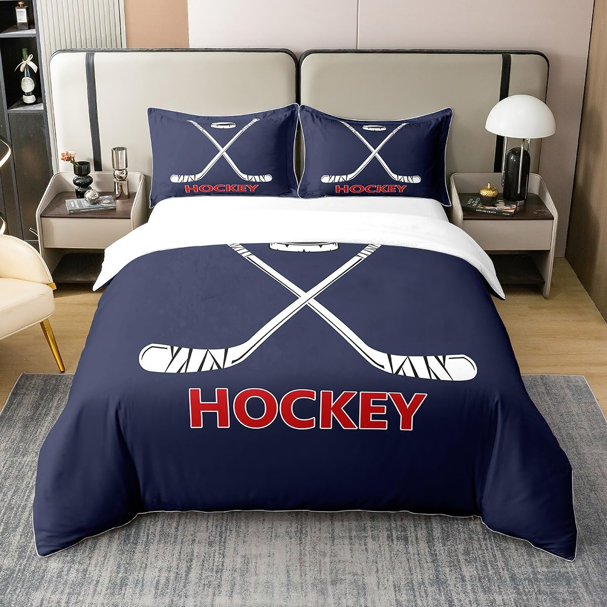 Ice Hockey 100% Cotton Duvet Cover White Hockey Stick Decor Modern Bedding Set for Boys Teens Adults Extreme Sports Game Style Comforter Cover with 2 Pillowcases King Size 3 Pcs Navy Blue