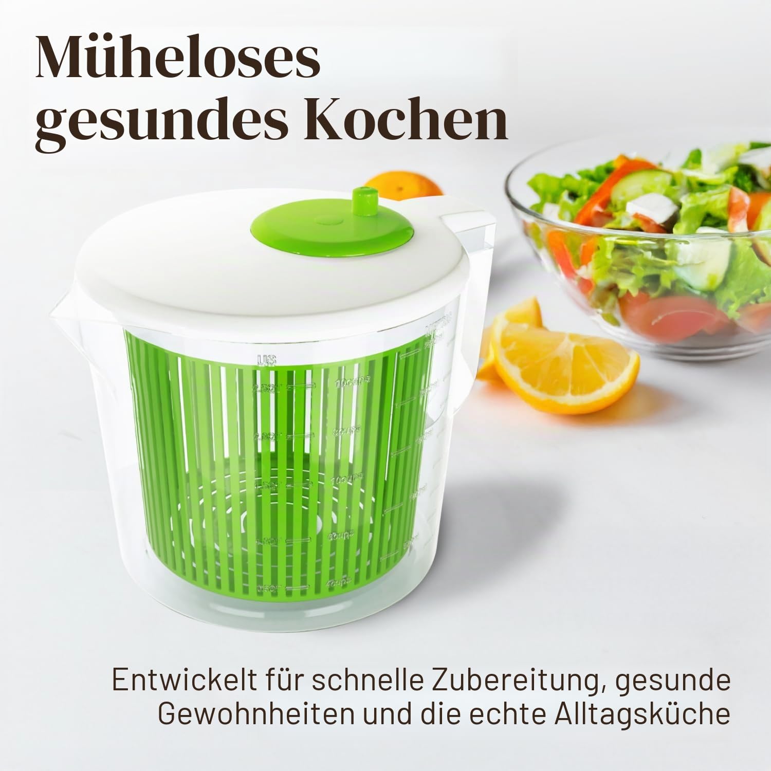 Cooler Kitchen Kleine Salatschleuder 2,5 Qt für Einzelportionen – Mini Salatschleuder und Trockner mit Messbecher – Sieb mit Waschkorb für Obst und Gemüse – Gemüsewascher Küchenhelfer