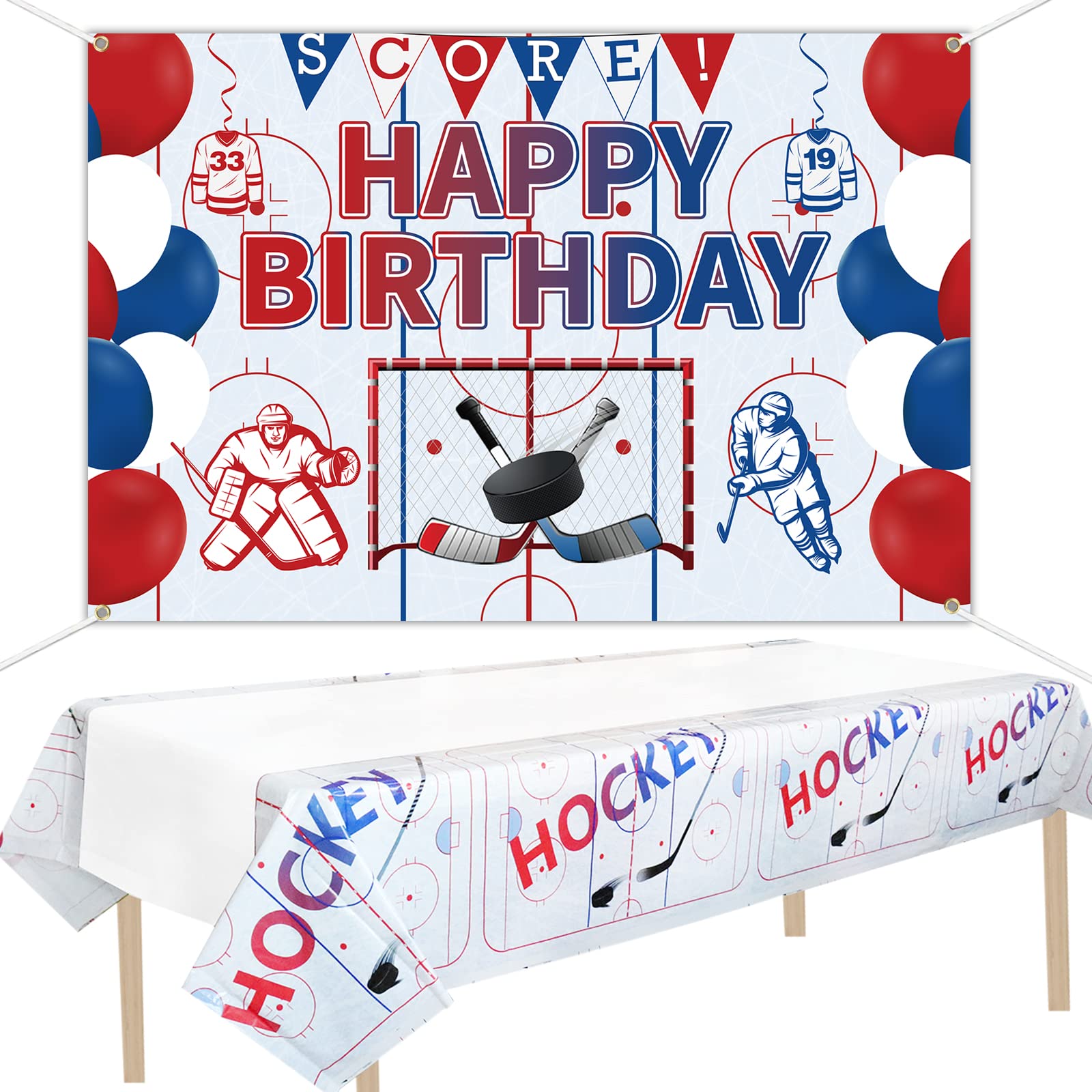 Hockey Party Supplies Backdrop and Tablecloth - Ice Hockey Photo Background Table Cover, Disposable Plastic Tablecloths for Hockey Themed Birthday Party Supplies Sports Event Game Day Decorations