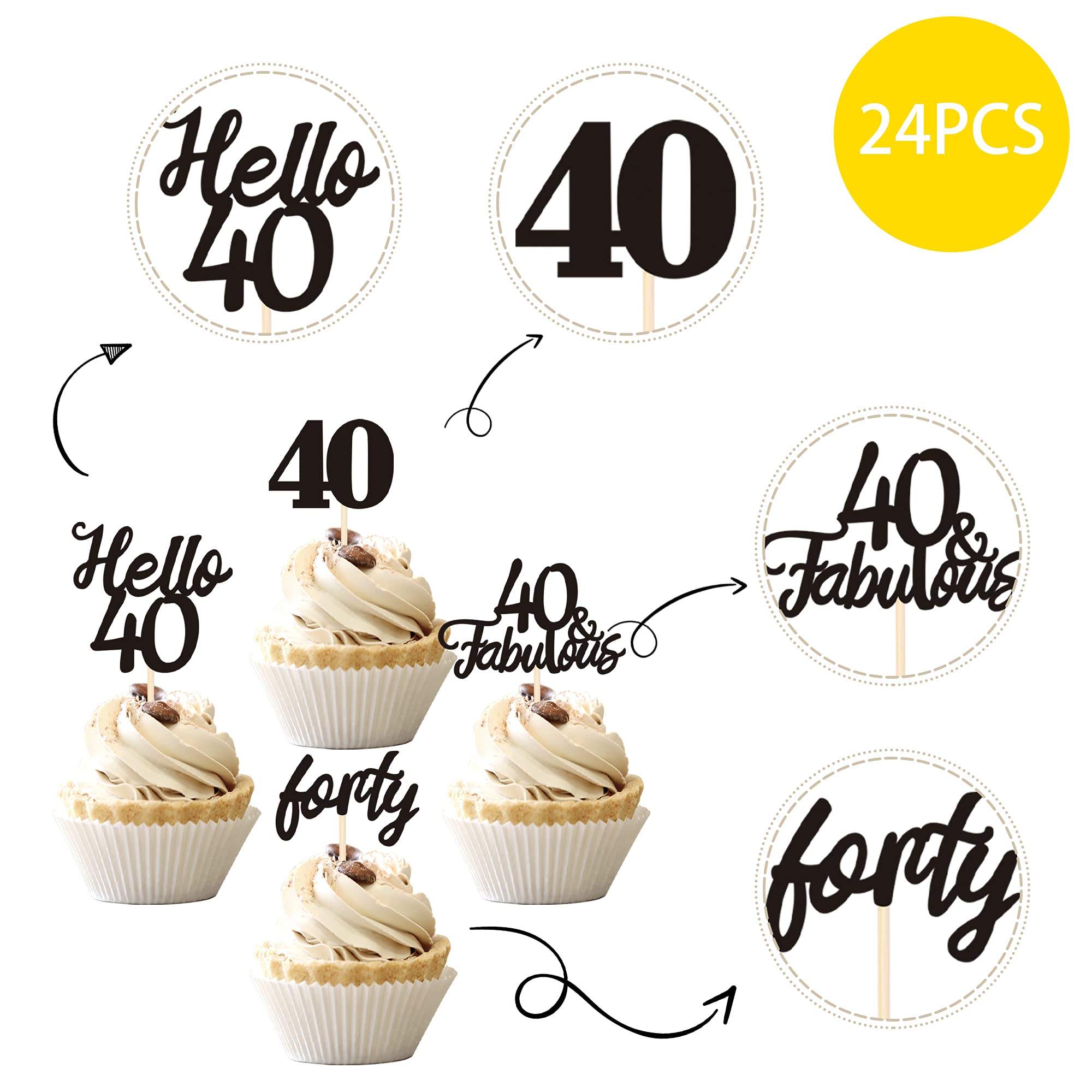Snapklik.com : 24 PCS 40th Birthday Cupcake Toppers Hello 40 Forty 40 ...