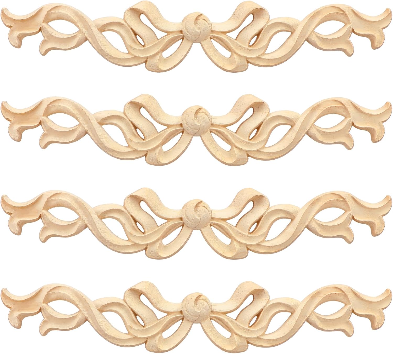 Yuntau 4 Pcs Wood Bow Appliques for Furniture Wood Appliques Onlays Decorative Frame Center Carving Decal DIY Ribbon Bow Unpainted Carved Overlay for Door Wall Dresser Bed Mantel Cabinet Cabinet Decor