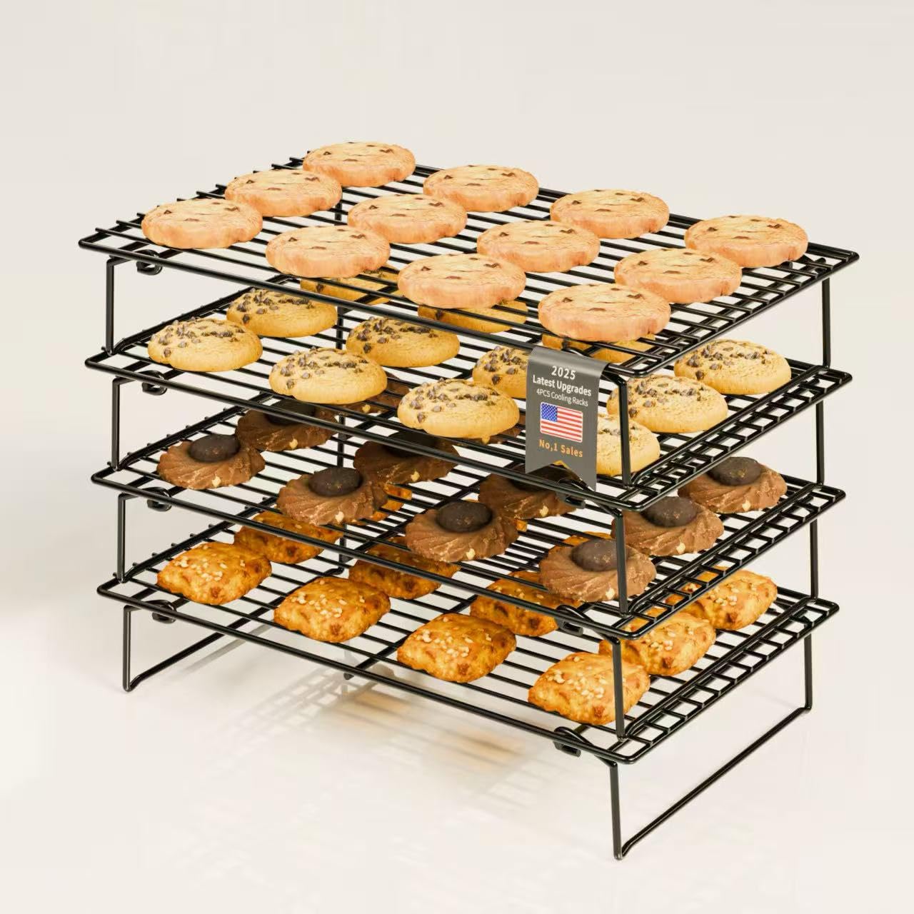 4PCS Cooling Racks for Cooking and Baking, Collapsible 4 Tiers 25X40cm Cool Batches of Cookies, Non-Stick & BPA-Free, Oven and Dishwasher Safe (Black-150)