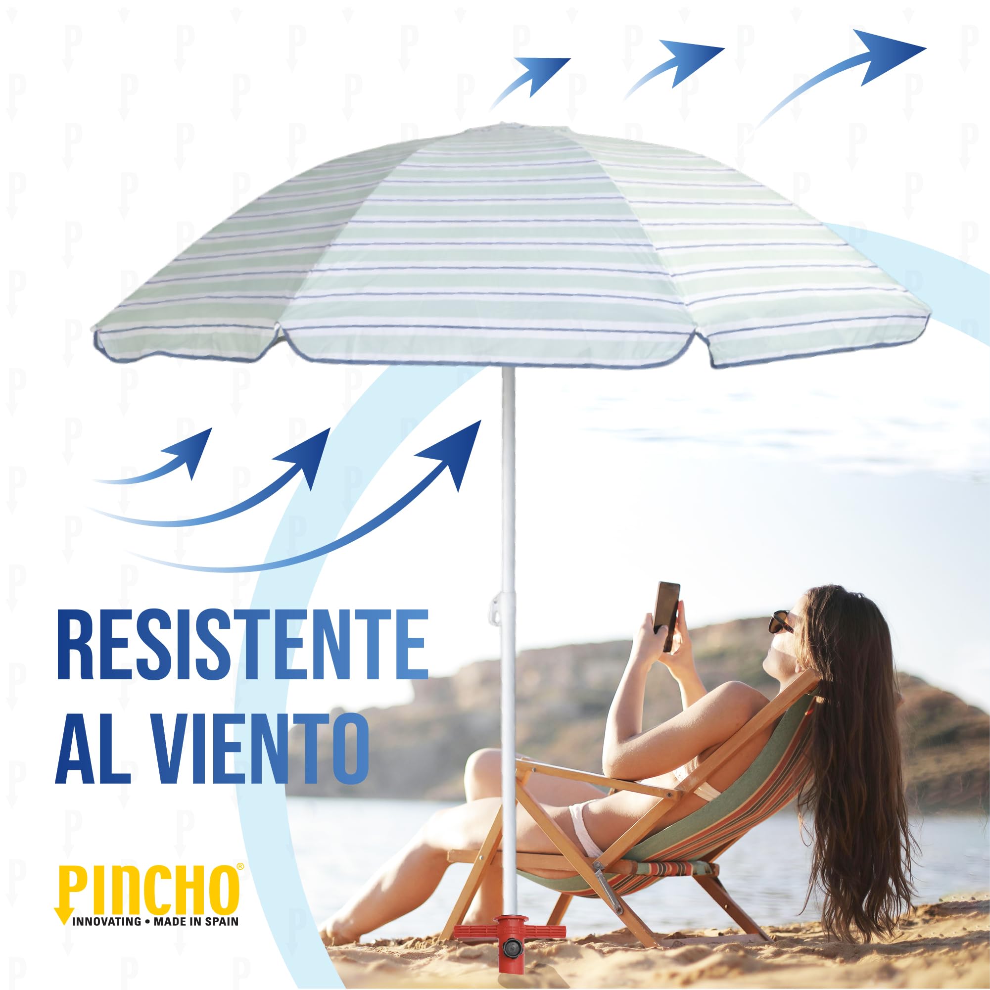Pincho Parasol de plage 200 cm avec protection UV50+, hauteur réglable, type perçage inclus, 8 baleines anti-vent, tube acier, sac de transport