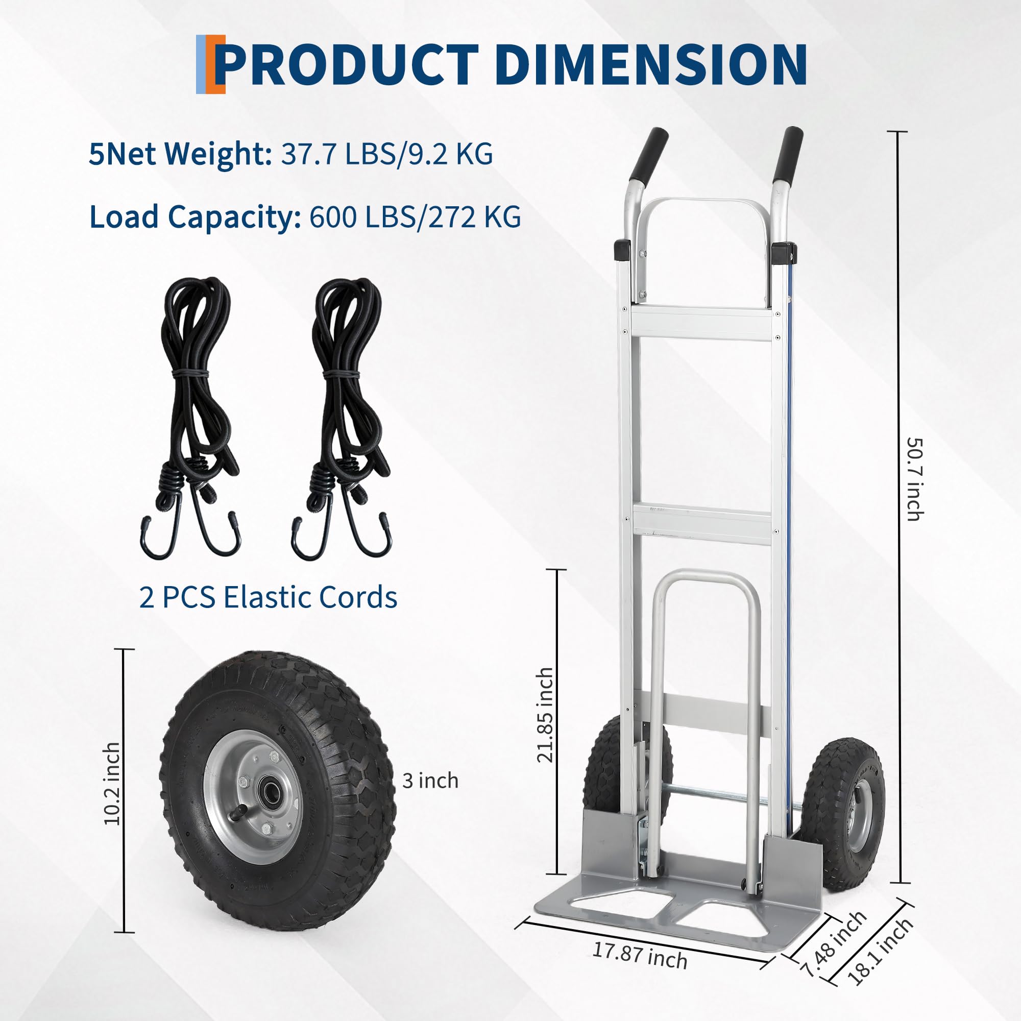 Carretilla De Mano De Aluminio Resistente con Capacidad De 272 Kg, Plataforma Plegable con Base Extensible, Ruedas Neumáticas De 25 Cm, Incluye 2 Cordones Elásticos, Ideal para Almacenes