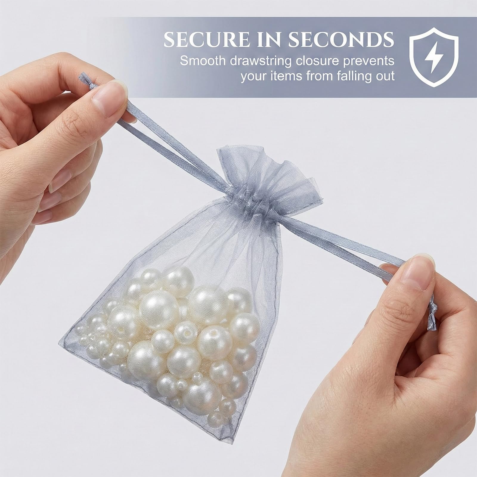 60 bolsitas organza blanco plateado - Bolsitas regalo organza pequeñas 7 x 9 cm con cordón para usar como bolsitas para caramelos boda, bolsitas para joyas o bolsitas para regalos — view 3