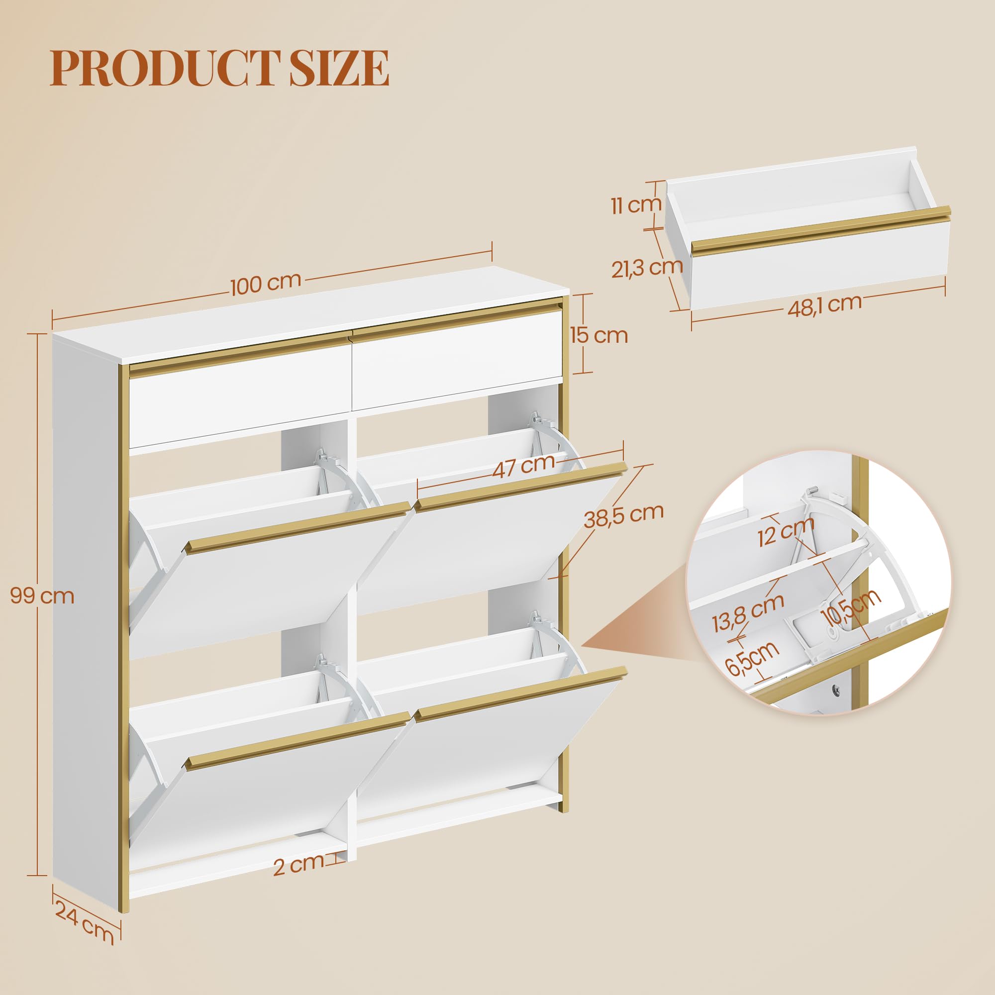 HEXCELEN Armario Zapatero Estrecho con 4 Puertas Abatibles, Zapatero con Cajón, Divisor Ajustable y Desmontable, 100 x 24 x 99 cm, para 16-24 Pares, para Pasillo, Entrada, Blanco-Dorado