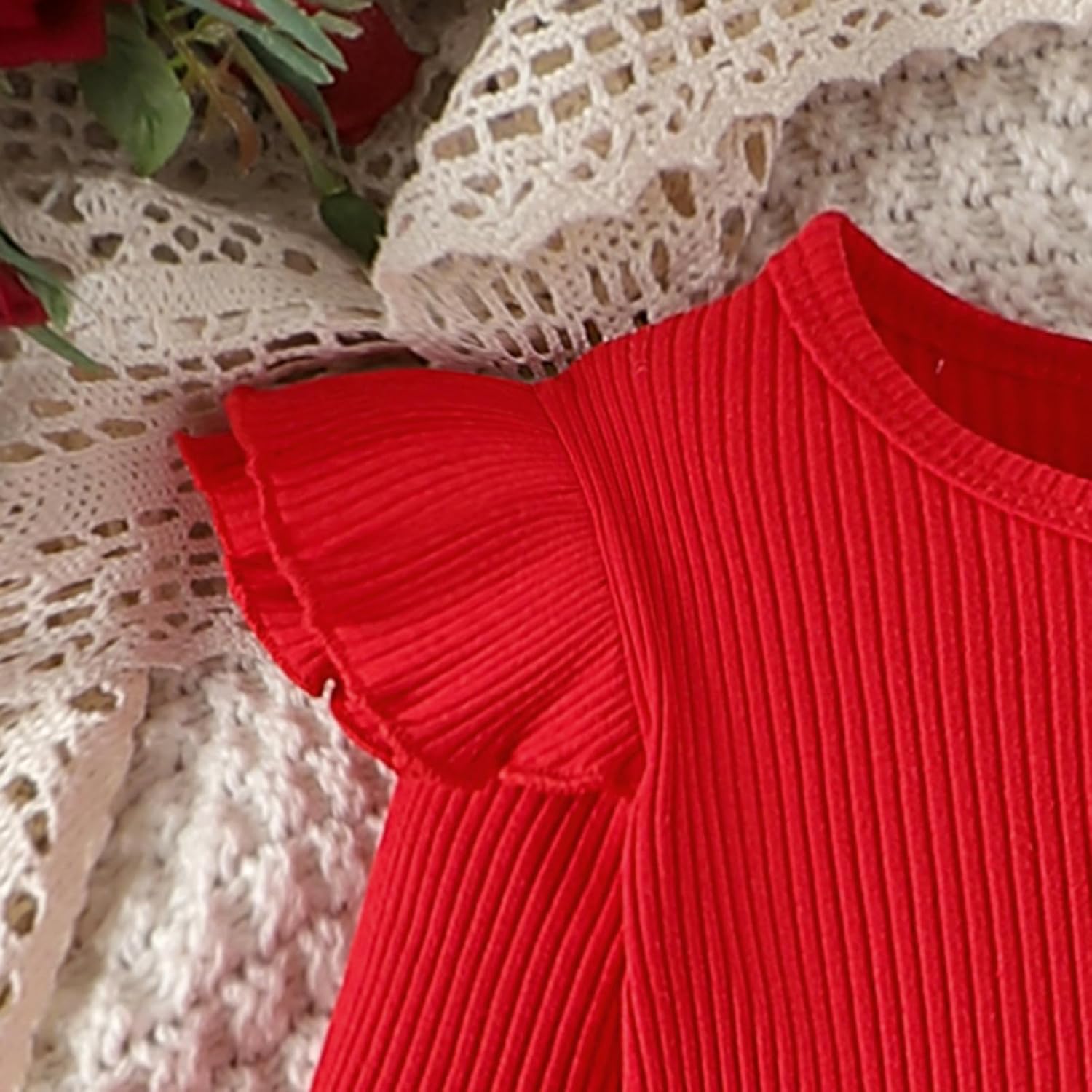 Toddler Baby Girl Valentines Clothes Ruffled Sleeves Top Heart Bell Bottoms Flared Overalls Suspender Pants Set - Image 4