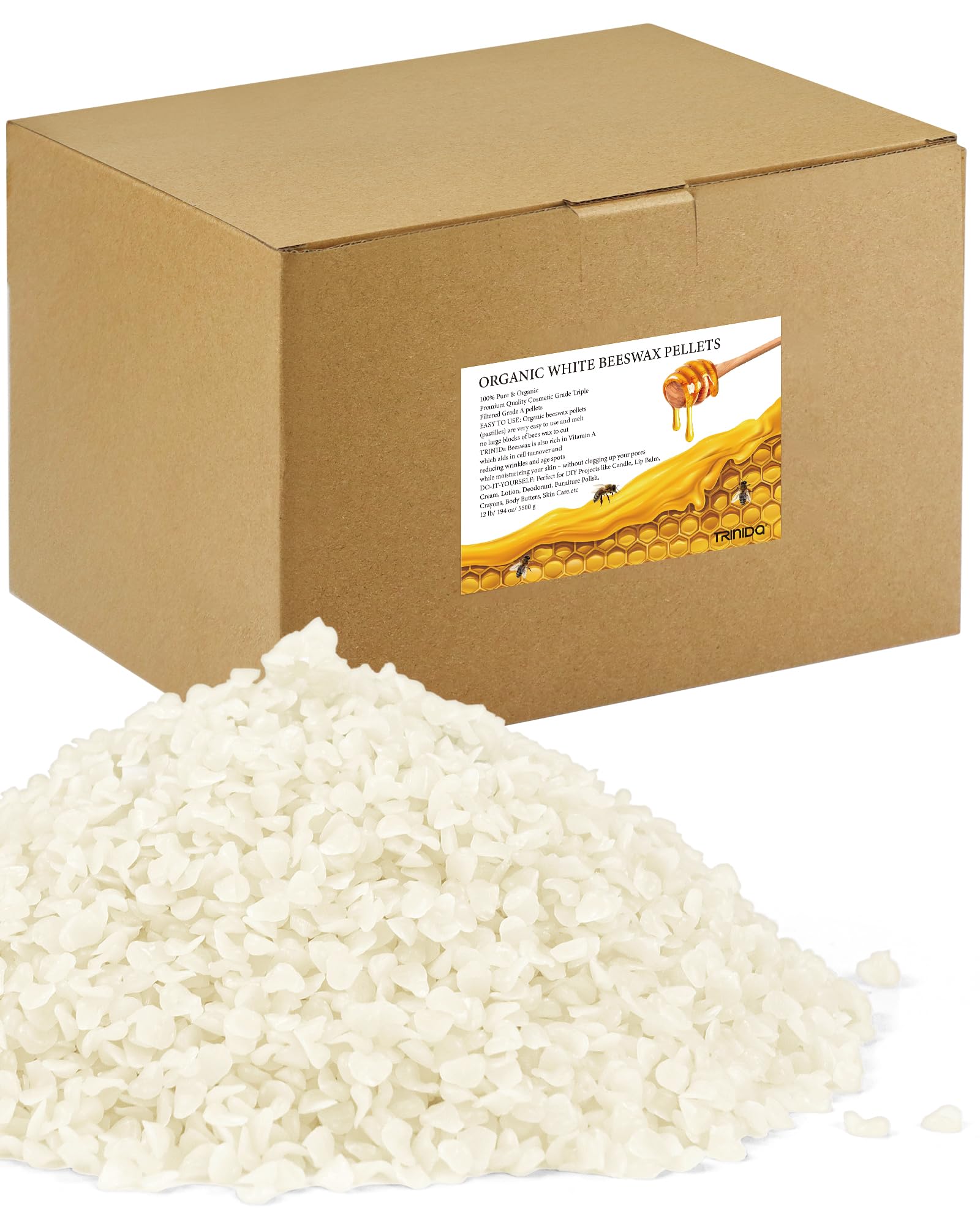 TRINIDa Pellets de cera de abeja de 5,5 kg, cera de abeja blanca para velas de bricolaje, cera de abeja para hacer velas, piel, cuerpo, cara y cuidado del cabello, lociones, cremas de bricolaje,