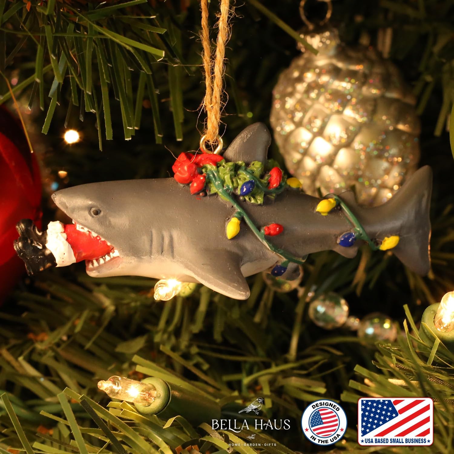 Bella Haus Christmas Shoppe Funny 4-Inch Santa Shark Attack Christmas Tree Ornament | Resin Figurine Decor | Ideal for Fun Secret Santa or White Elephant Gift Exchange (Shark) - Image 3