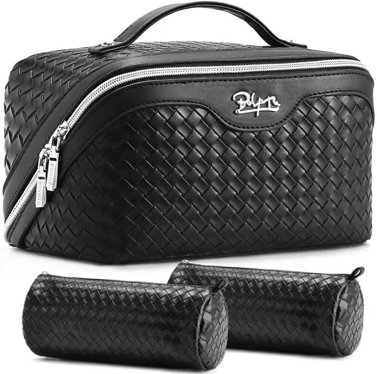 BOYATU Travel Makeup Bags for Women: 3 Pcs Large Make up Bags Set - Vegan Leather Cosmetic Bag for Traveling - Waterproof Toiletry Organizer (L05 Black)