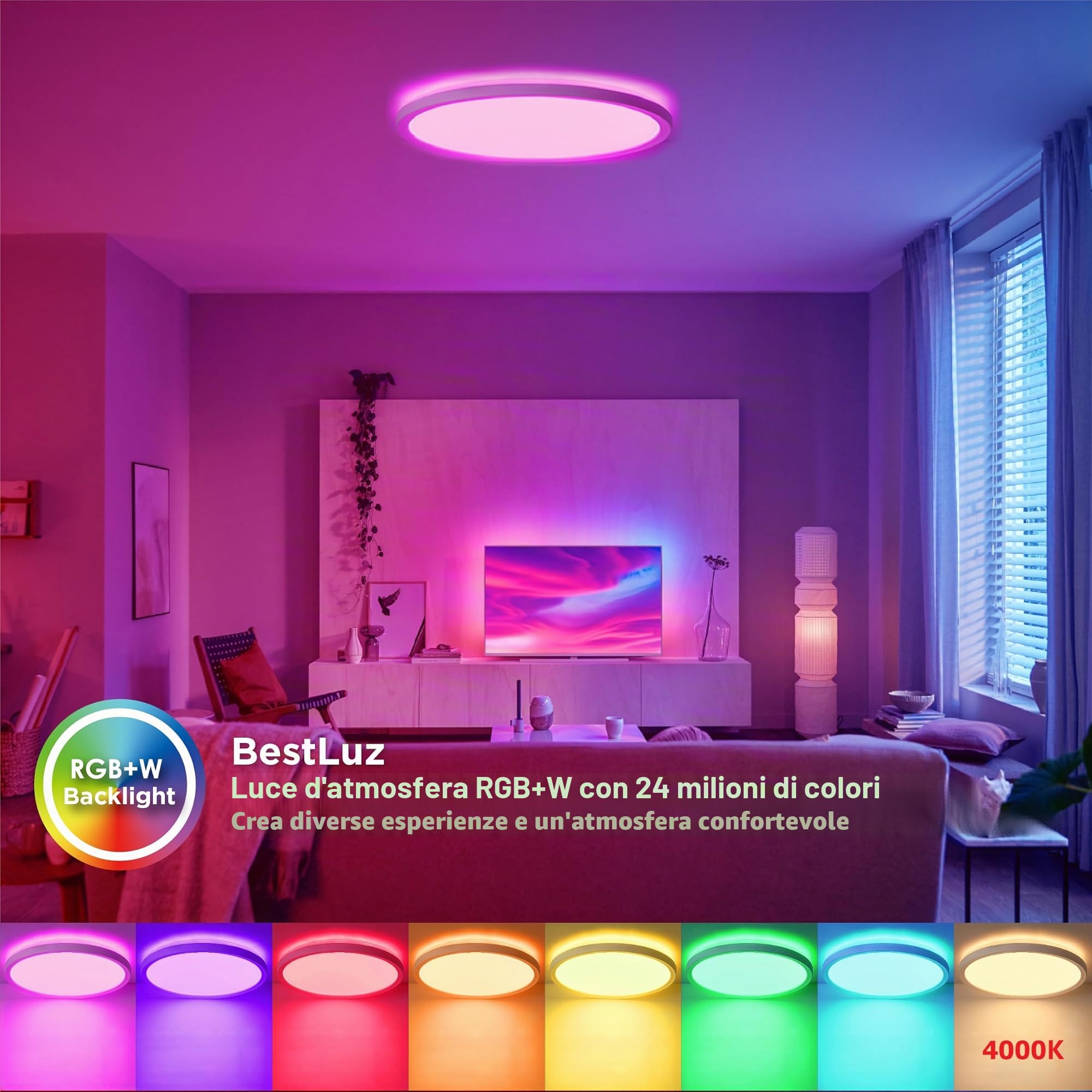 BestLuz Plafoniera a LED Pannello LED Lampada da Soffitto Ø 42cm 24W RGB + Bianco Neutro 4000K con Retroilluminazione Effetto Telecomando per Bagno Camera da Letto Soggiorno Cucina, Ultra Sottile