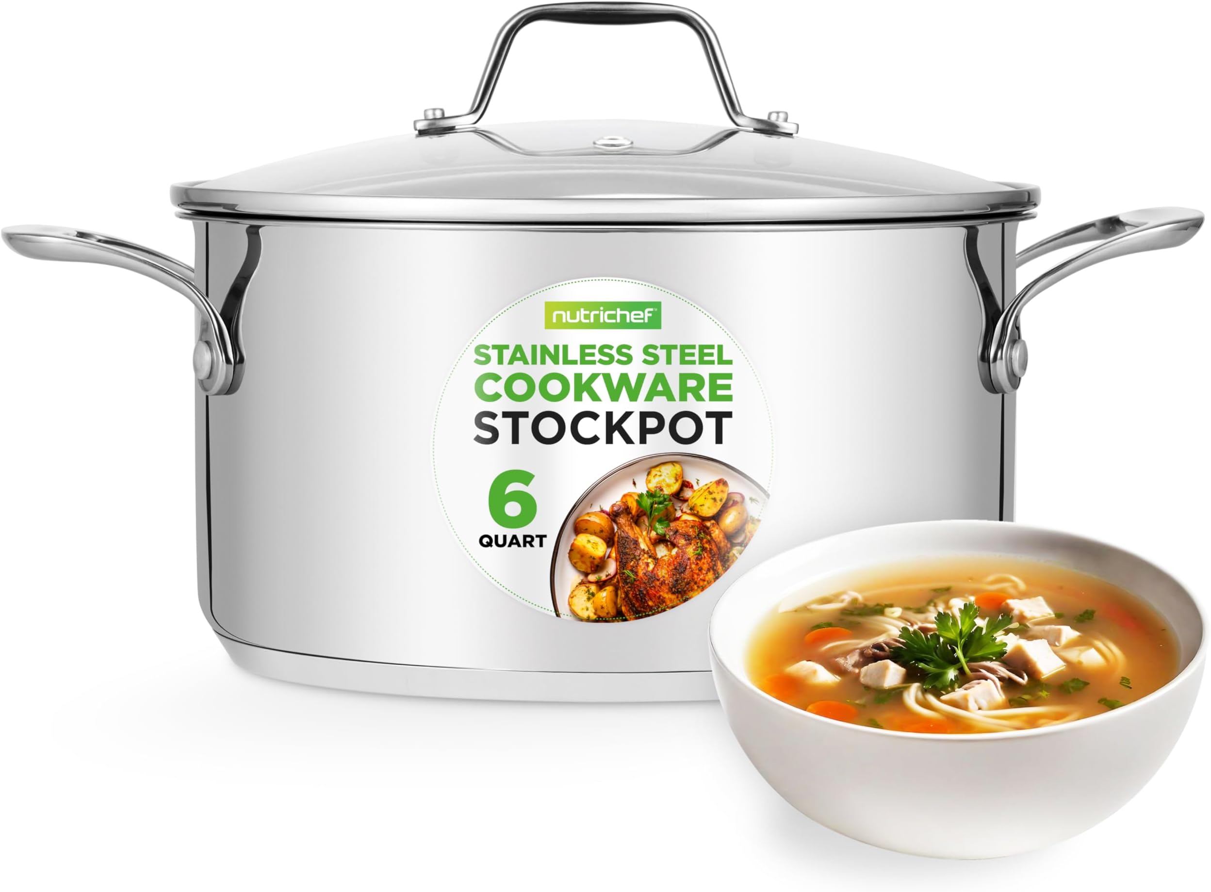 NutriChef 6-Quart Stainless Steel Stock Pot - 18/8 Food Grade Steel Heavy Duty Induction - Stock Pot, Stew Pot, Simmering Pot, Soup Pot with See-Through Lid, Dishwasher Safe - NutriChef NCSP6